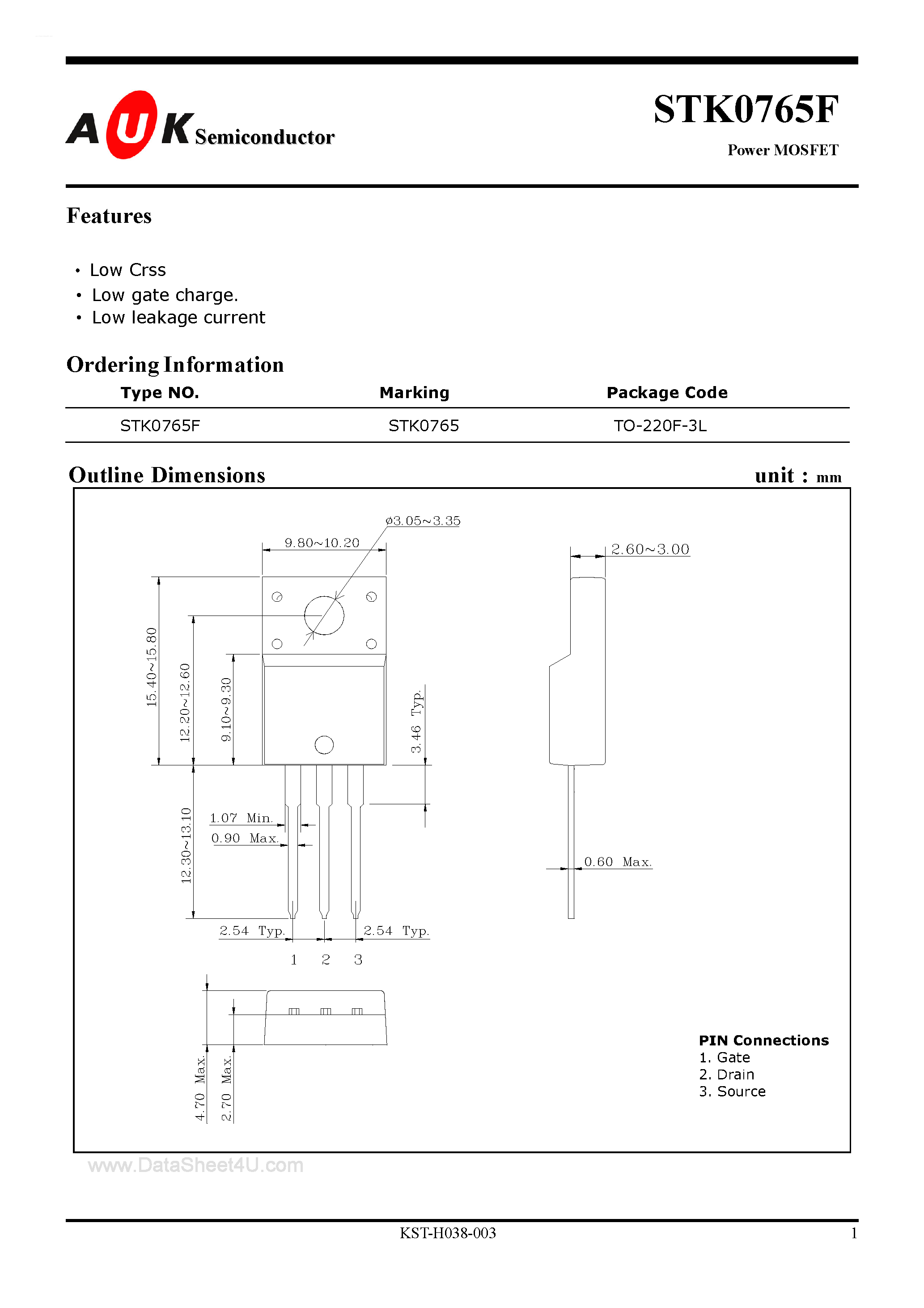 Datasheet STK0765F - Power MOSFET page 1