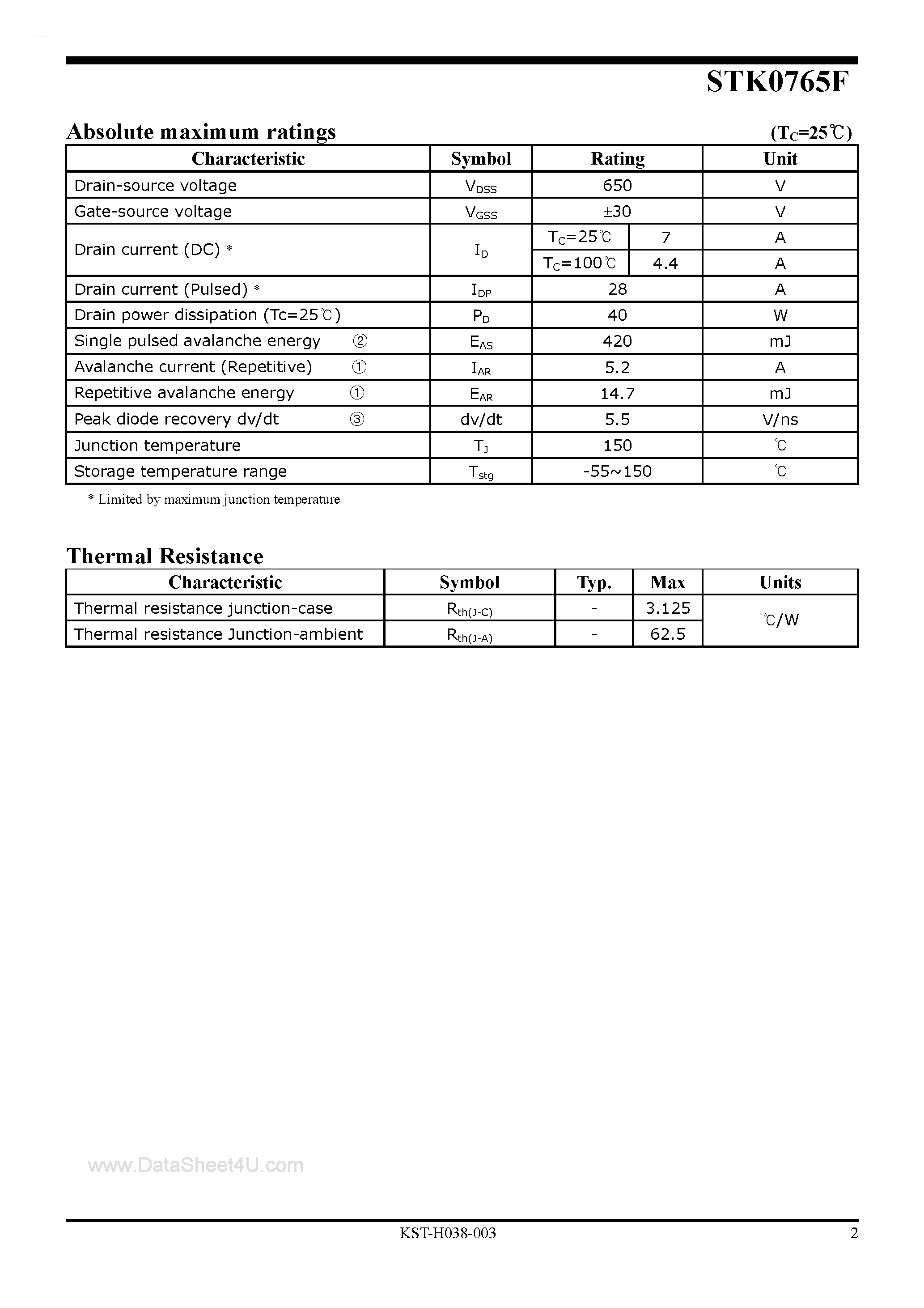 Datasheet STK0765F - Power MOSFET page 2