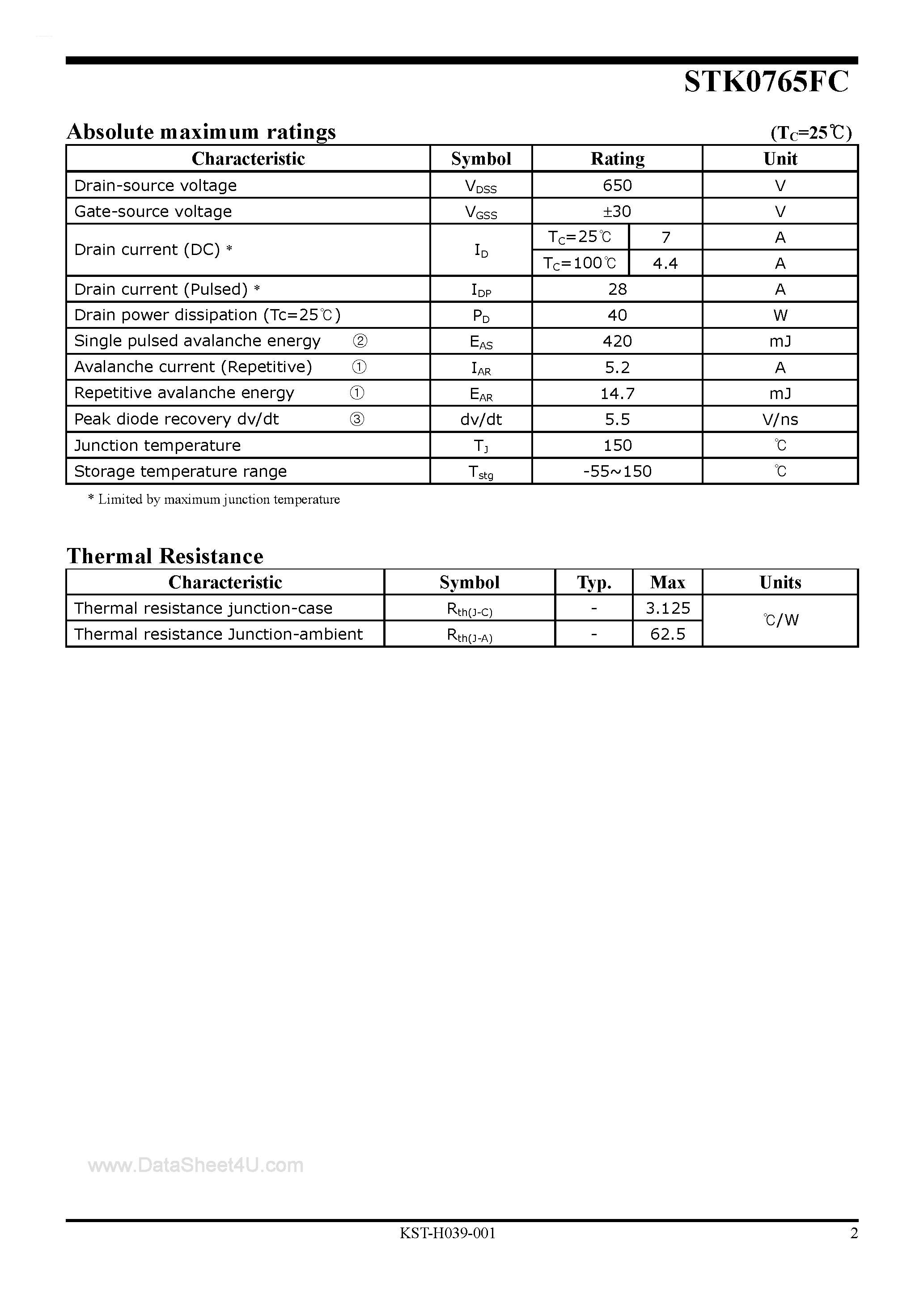 Datasheet STK0765FC - Power MOSFET page 2