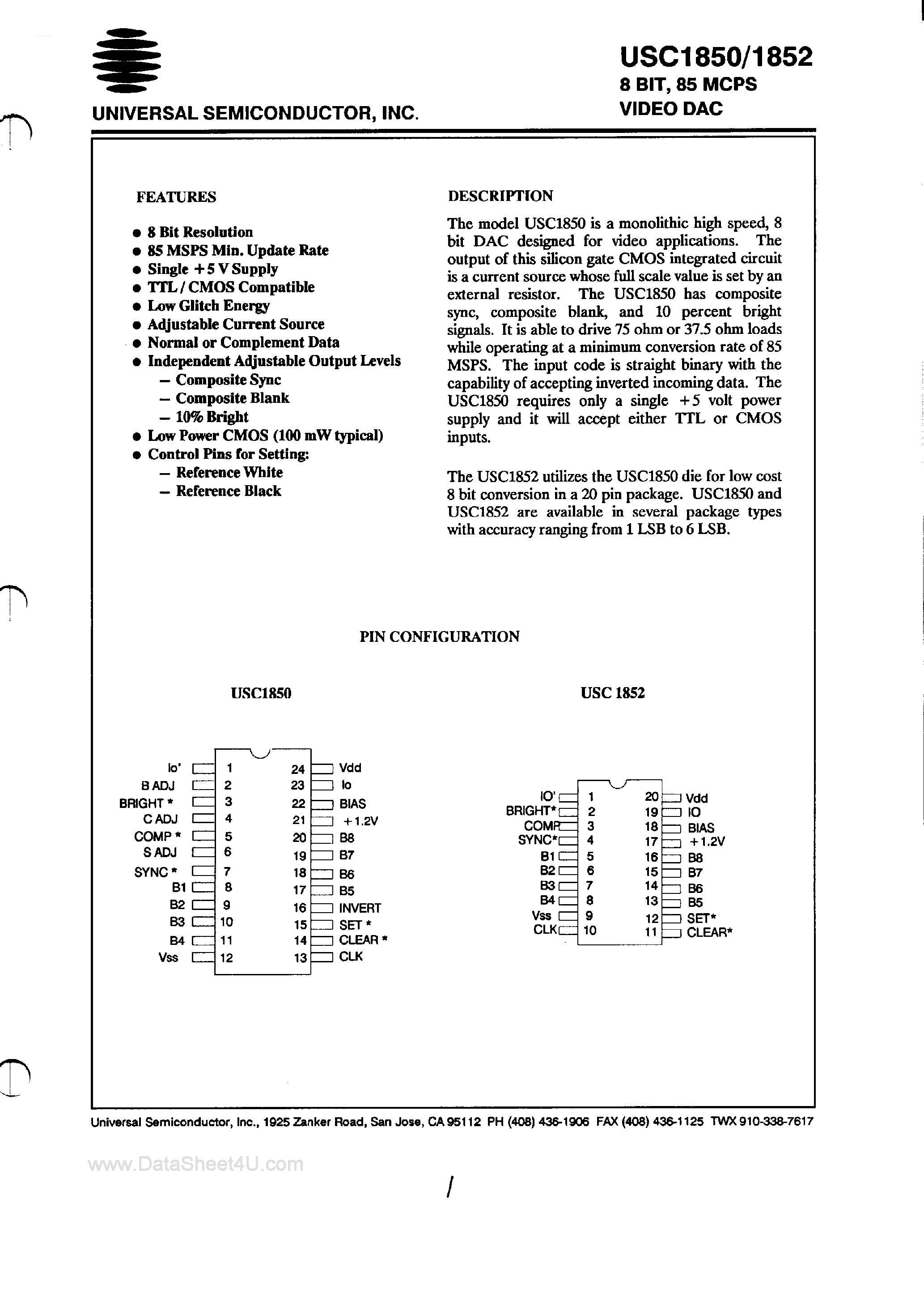 Даташит USC1850 - (USC1850 / USC1852) 8-Bit Video DAC страница 1