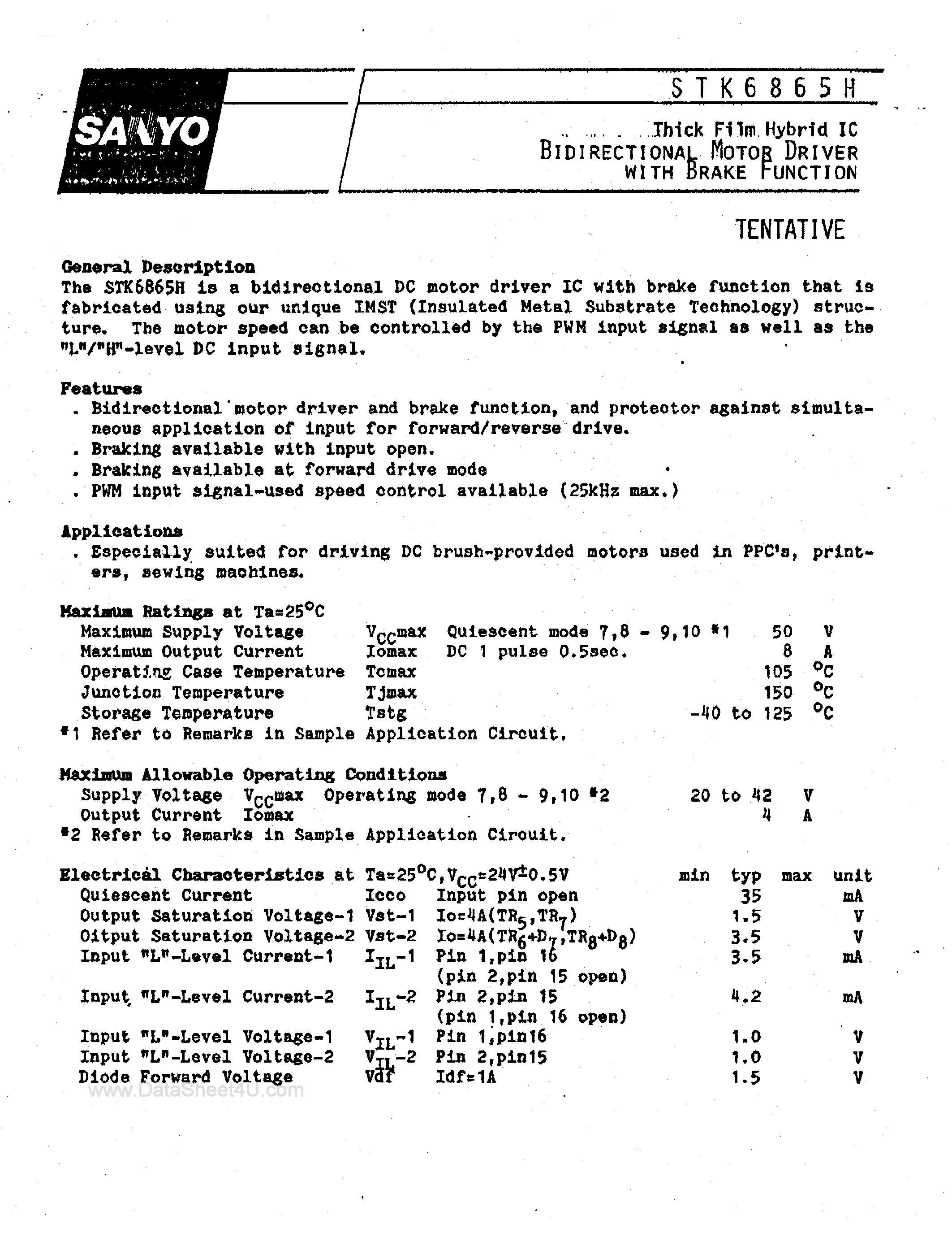Datasheet STK6865H - THICK FILM HYBRID IC BIDIRECTIONAL MOTOR DRIVER WITH BRAKE FUNCTION page 1