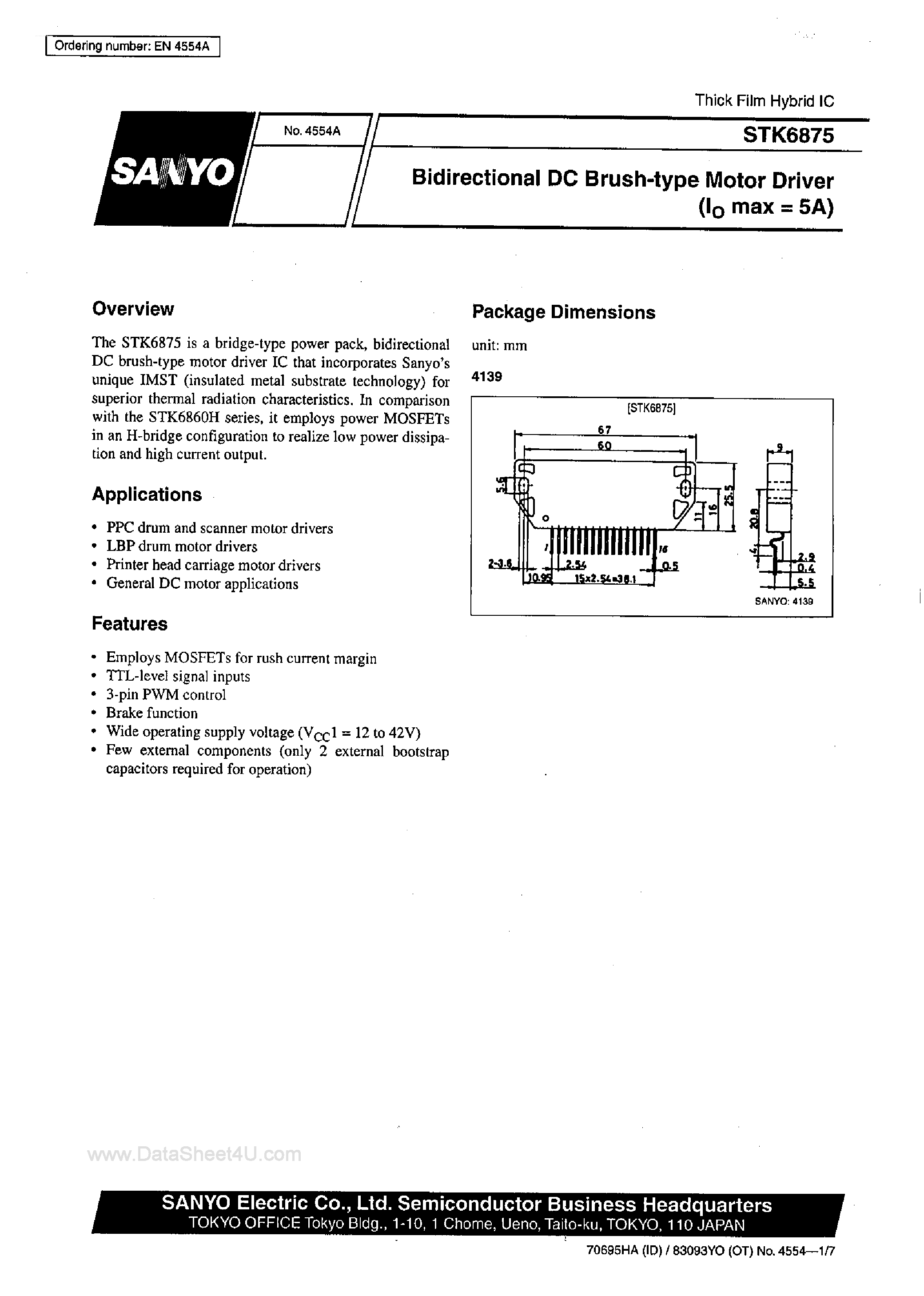 Datasheet STK6875 - Bidirectional DC Brush-Type Motor Driver page 1