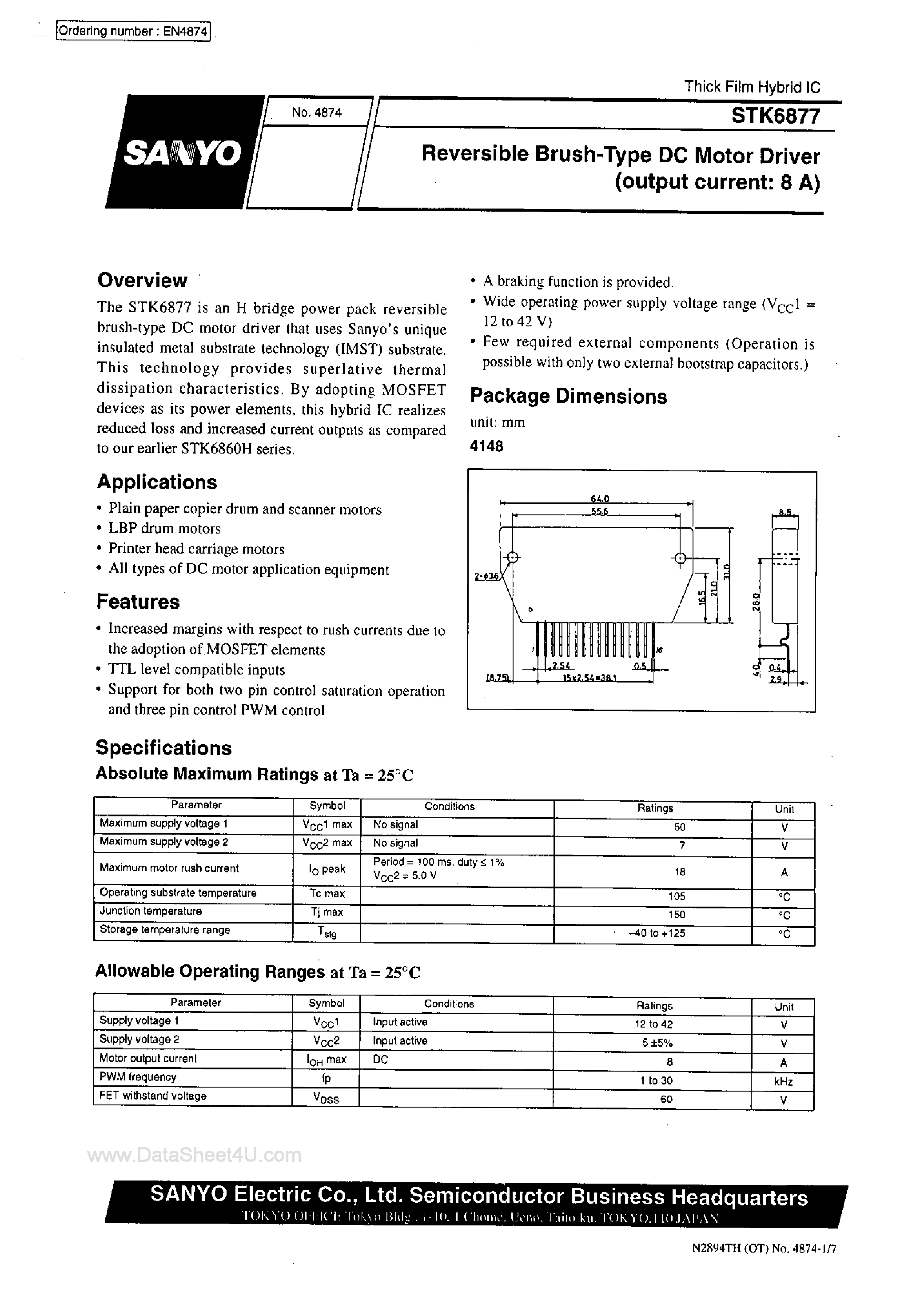 Datasheet STK6877 - Reversible Brush-Type DC Motor Driver page 1