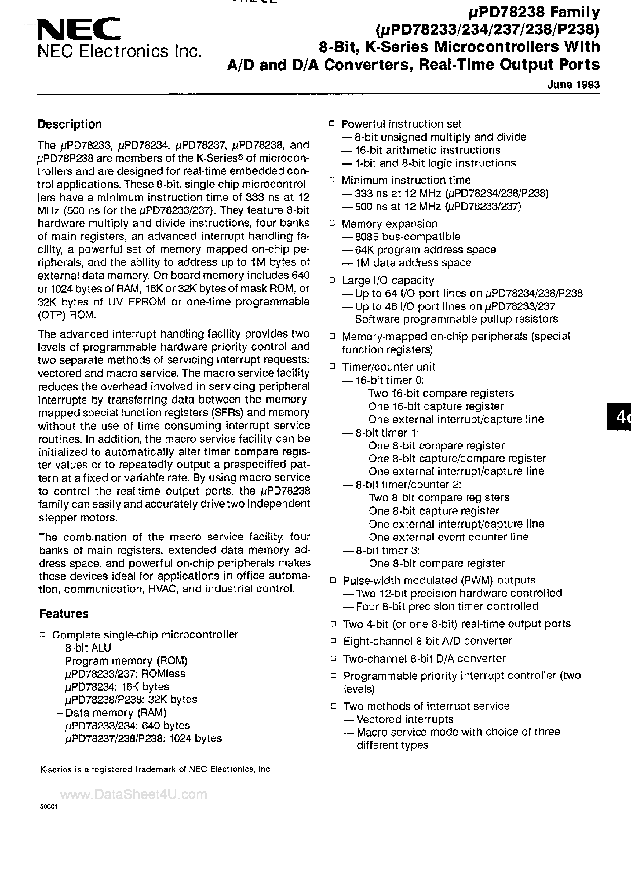 Даташит UPD78233 - (UPD78233 - UPD78238) 8 BIT REAL TIME CONTROL MICROCOMPUTERS страница 1