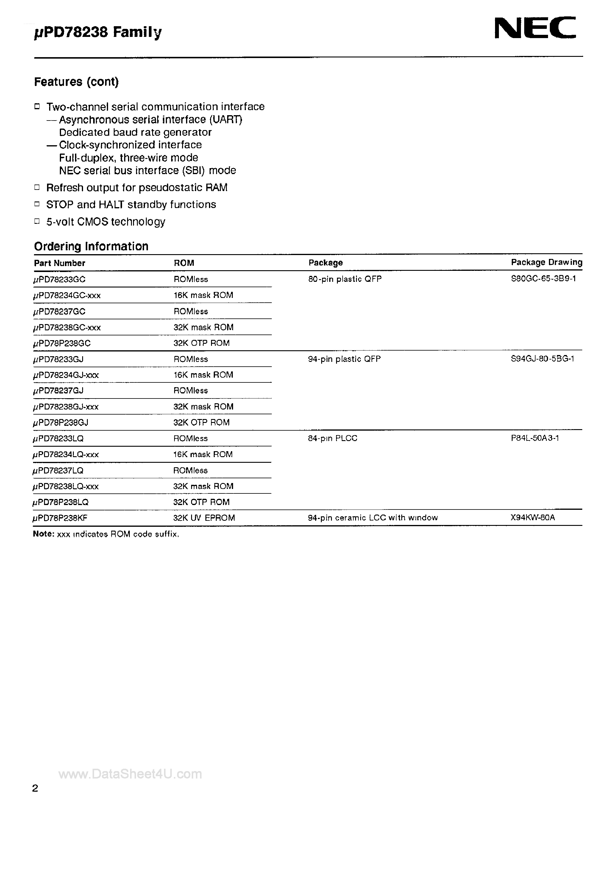 Даташит UPD78233 - (UPD78233 - UPD78238) 8 BIT REAL TIME CONTROL MICROCOMPUTERS страница 2