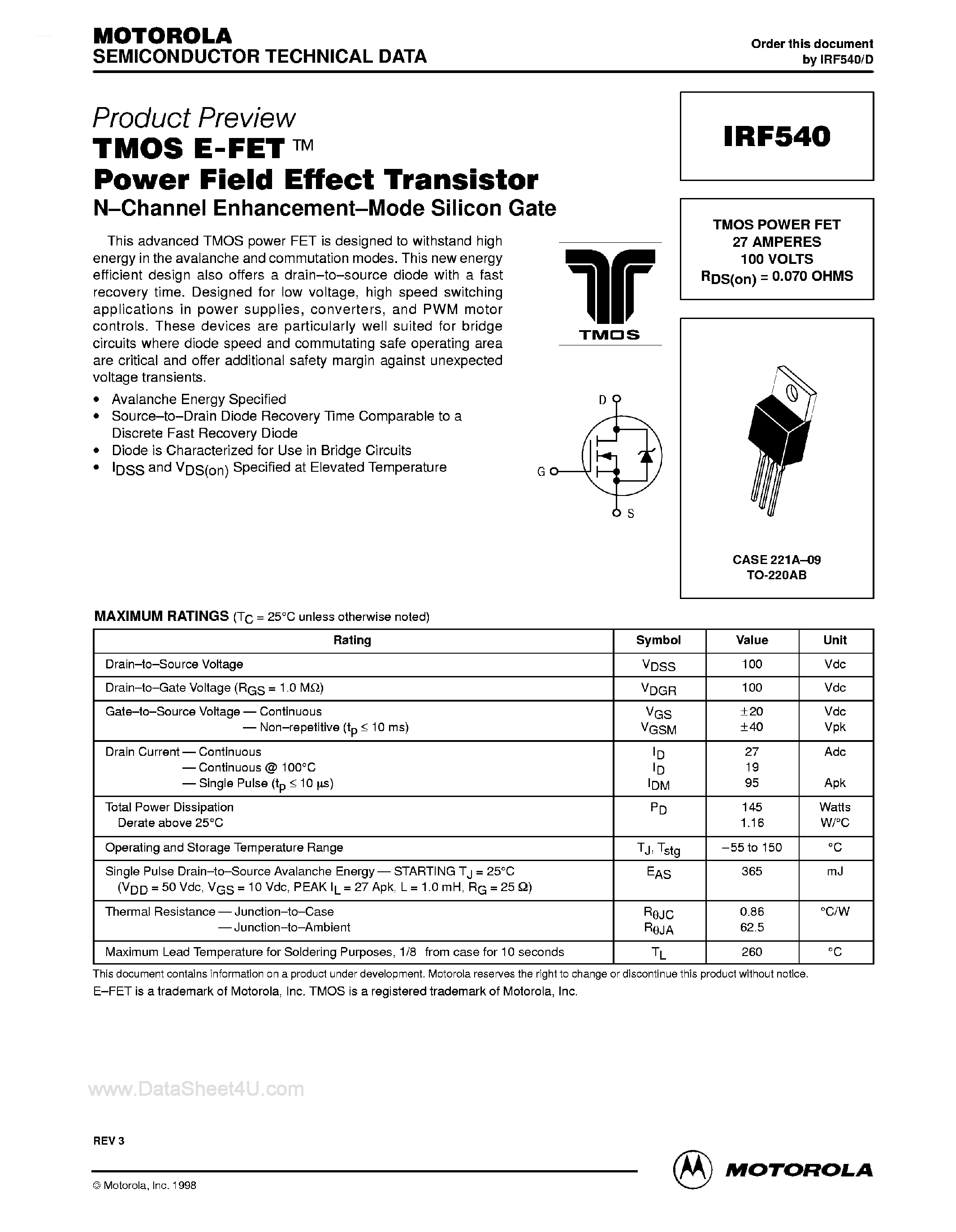 Datasheet IRF540 - TMOS E-FET Power Field Effect Transistor page 1