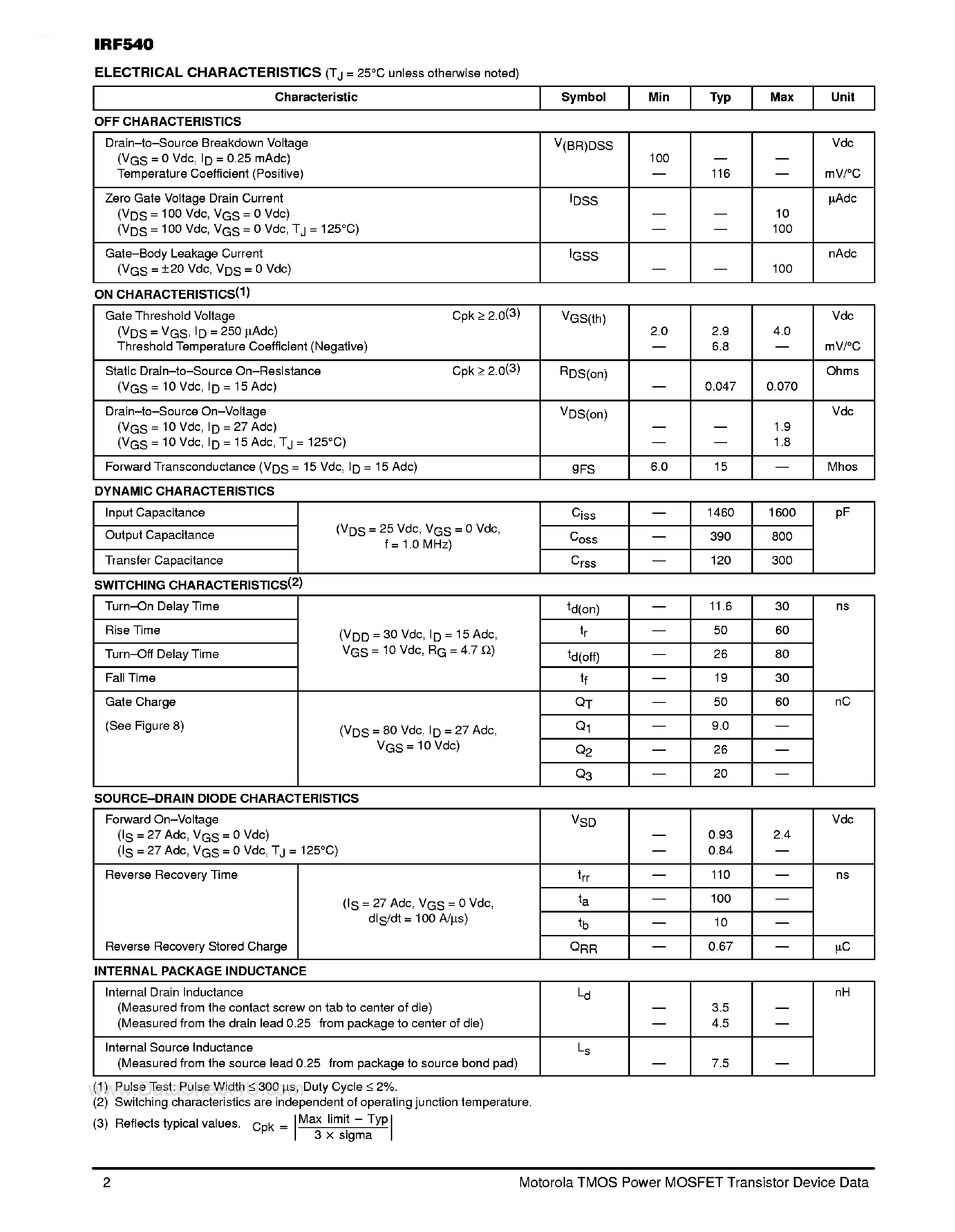 Datasheet IRF540 - TMOS E-FET Power Field Effect Transistor page 2