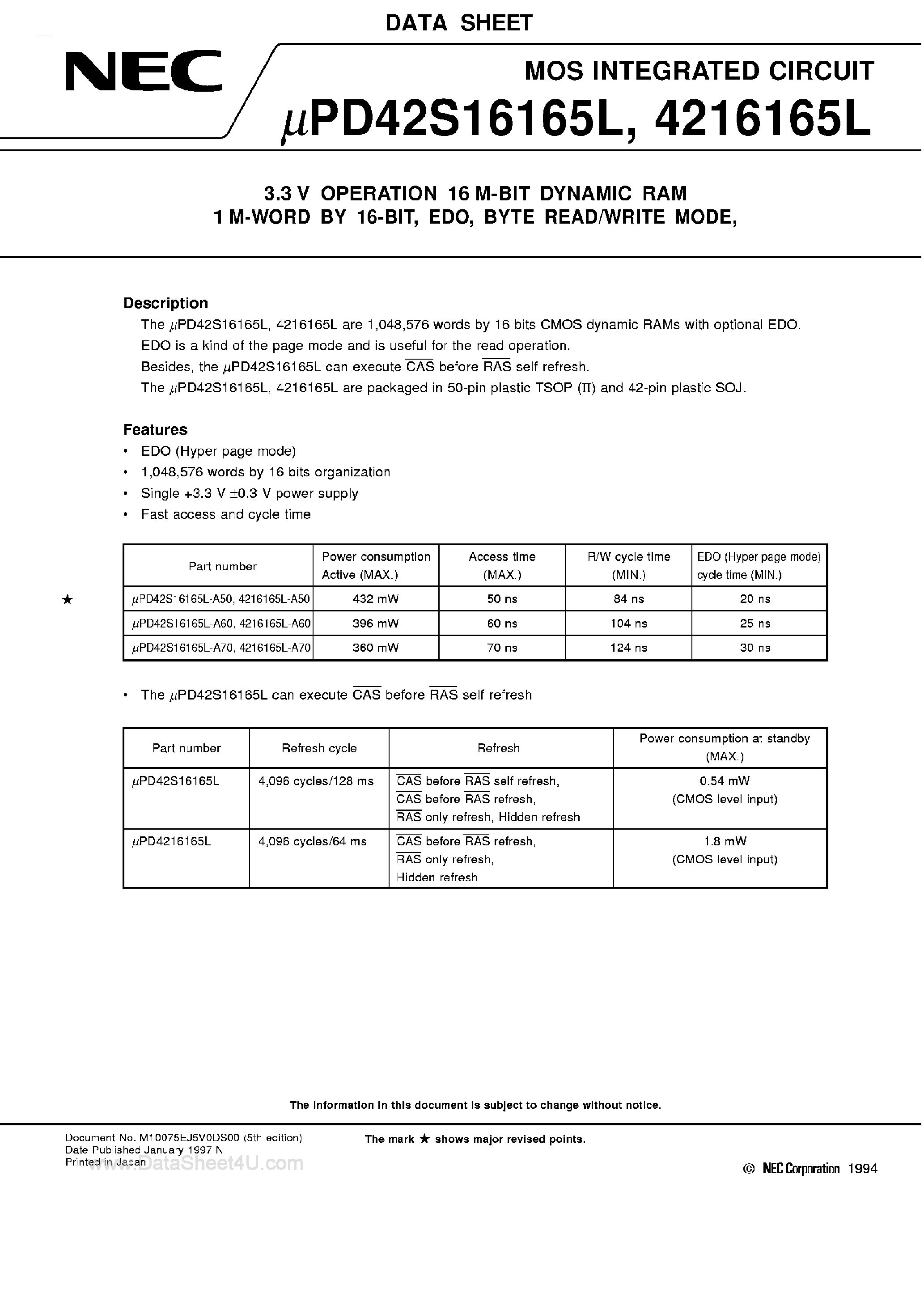 Даташит UPD4216165L - 3.3V Operation 16M-Bit DRAM страница 1