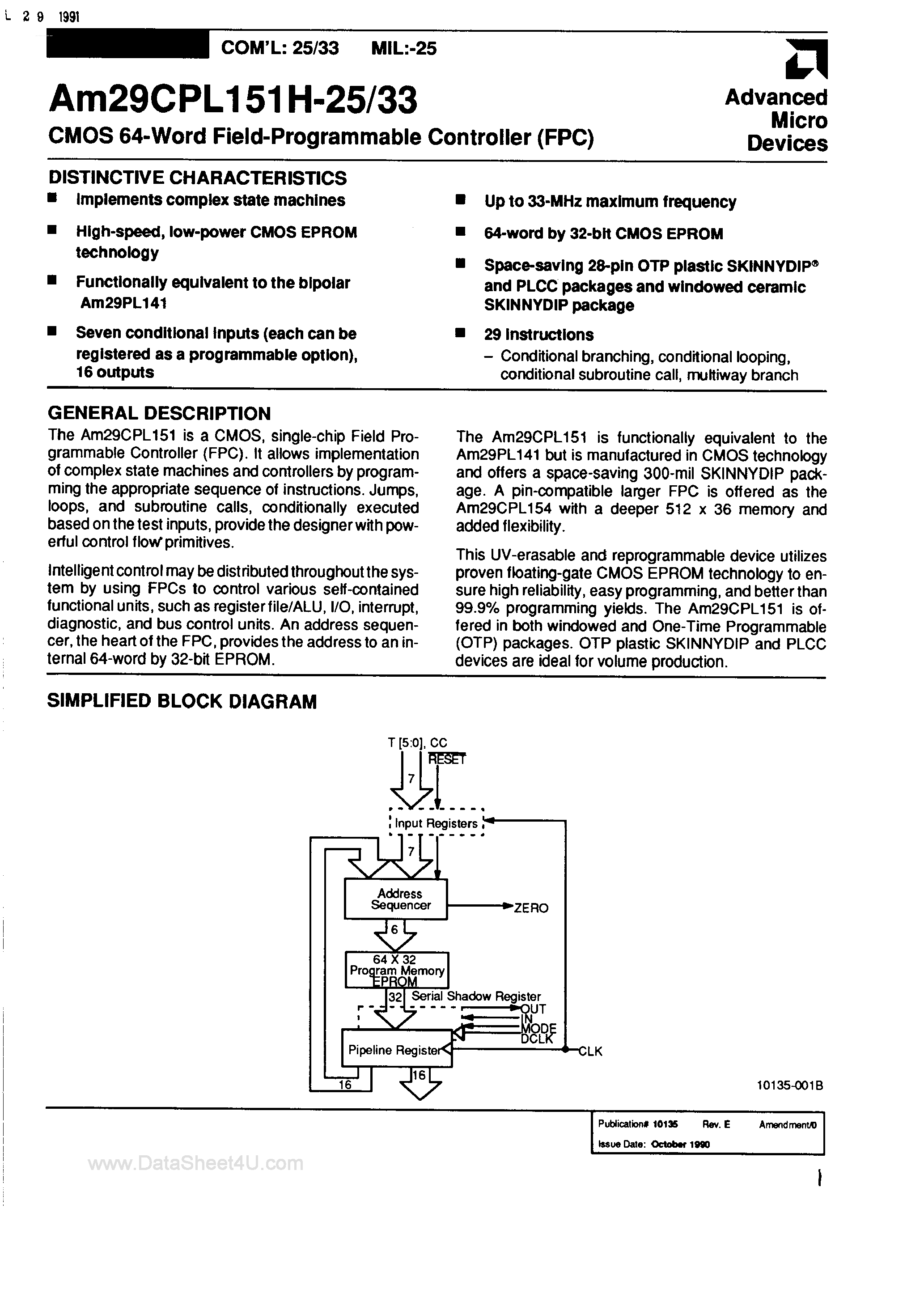 Datasheet AM29CPL151H-25 - (AM29CPL151H-25/-33) CMOS 64-Word Field Programmable Controller page 1