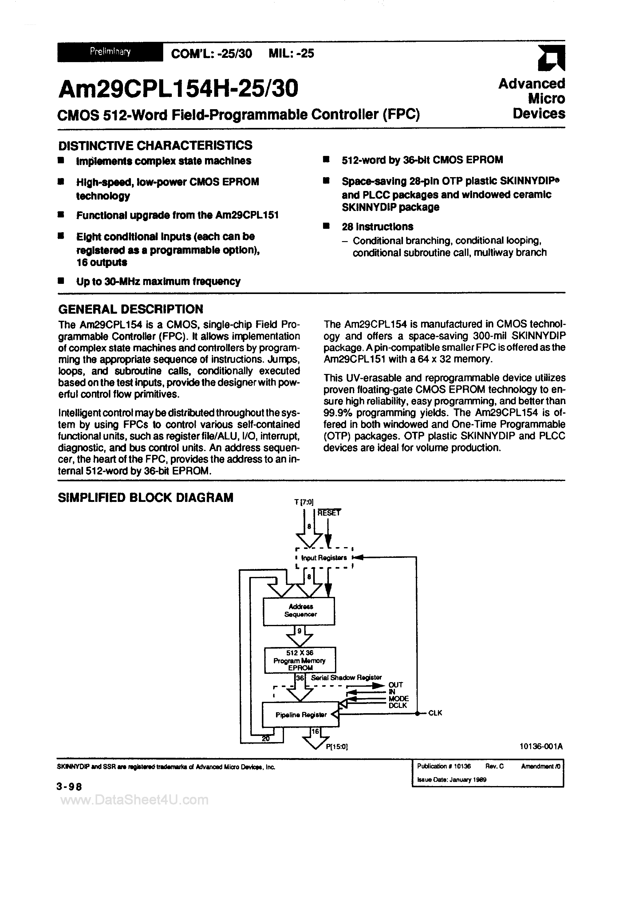 Datasheet AM29CPL154H-25 - (AM29CPL154H-25/-30) CMOS 512-Word Field Programmable Controller page 1