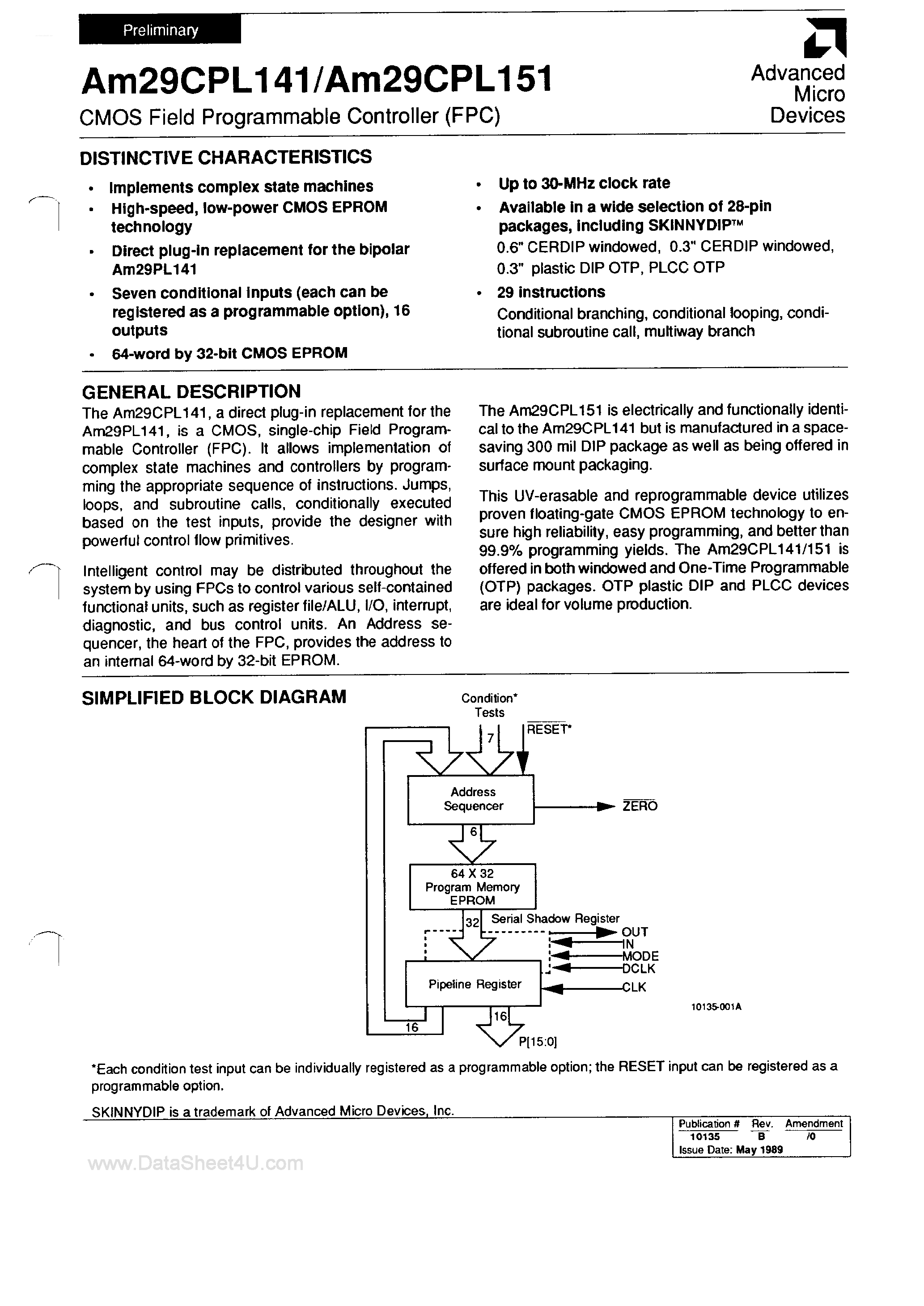 Datasheet AM29CPL141 - (AM29CPL141 / AM29CPL151) CMOS Field Programmable Controller page 1