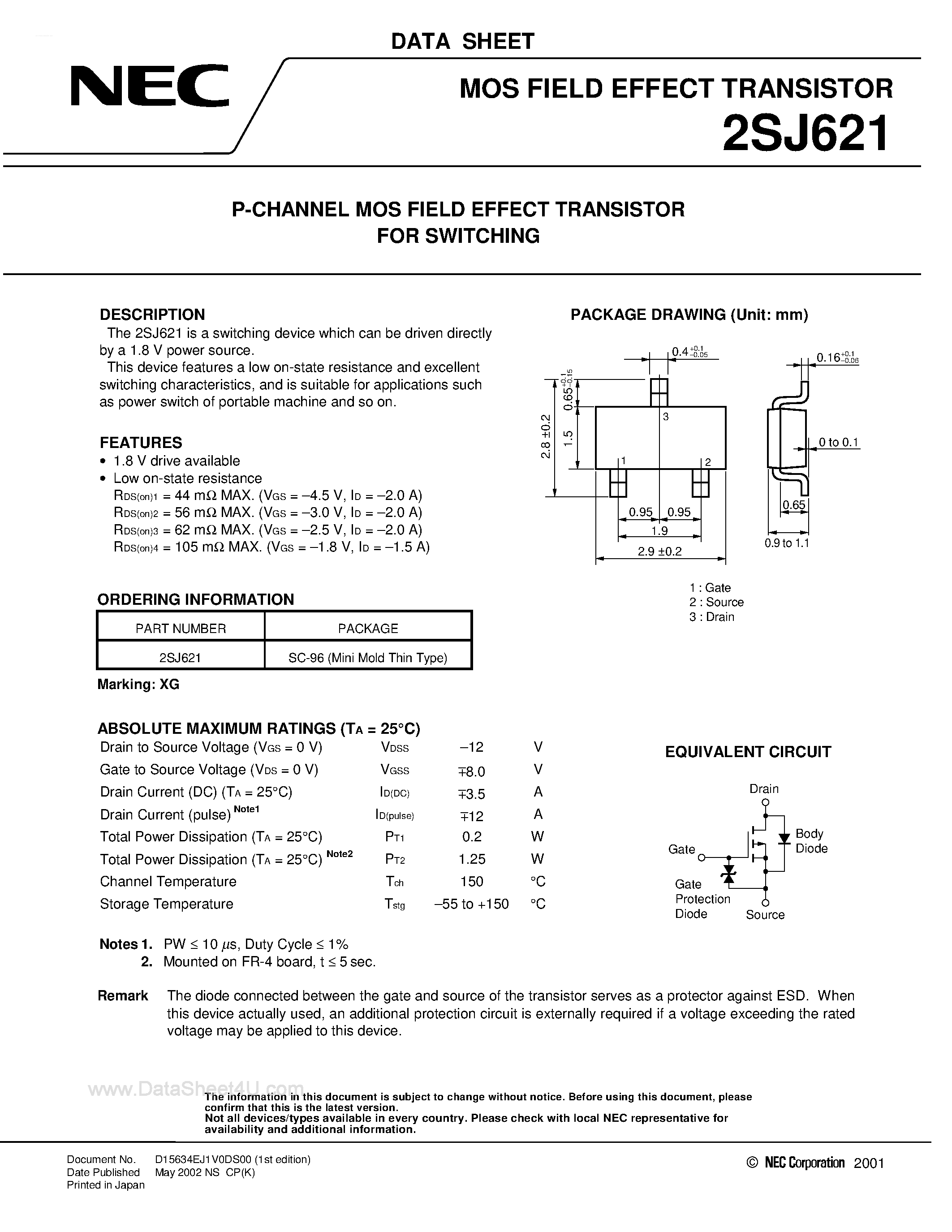 Datasheet 2SJ621 - MOS FIELD EFFECT TRANSISTOR page 1