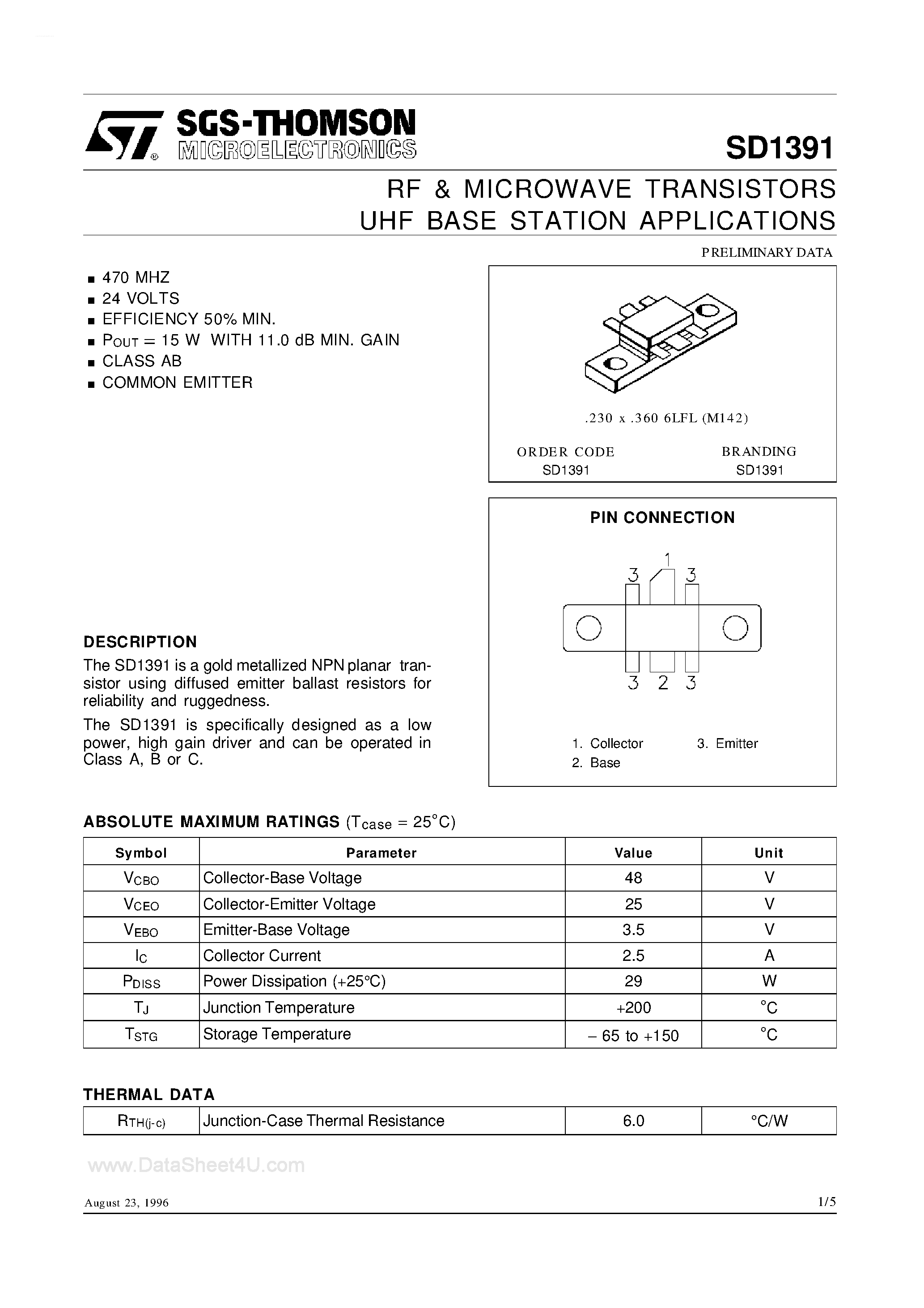 Datasheet SD1391 - RF & MICROWAVE TRANSISTORS UHF BASE STATION APPLICATIONS page 1