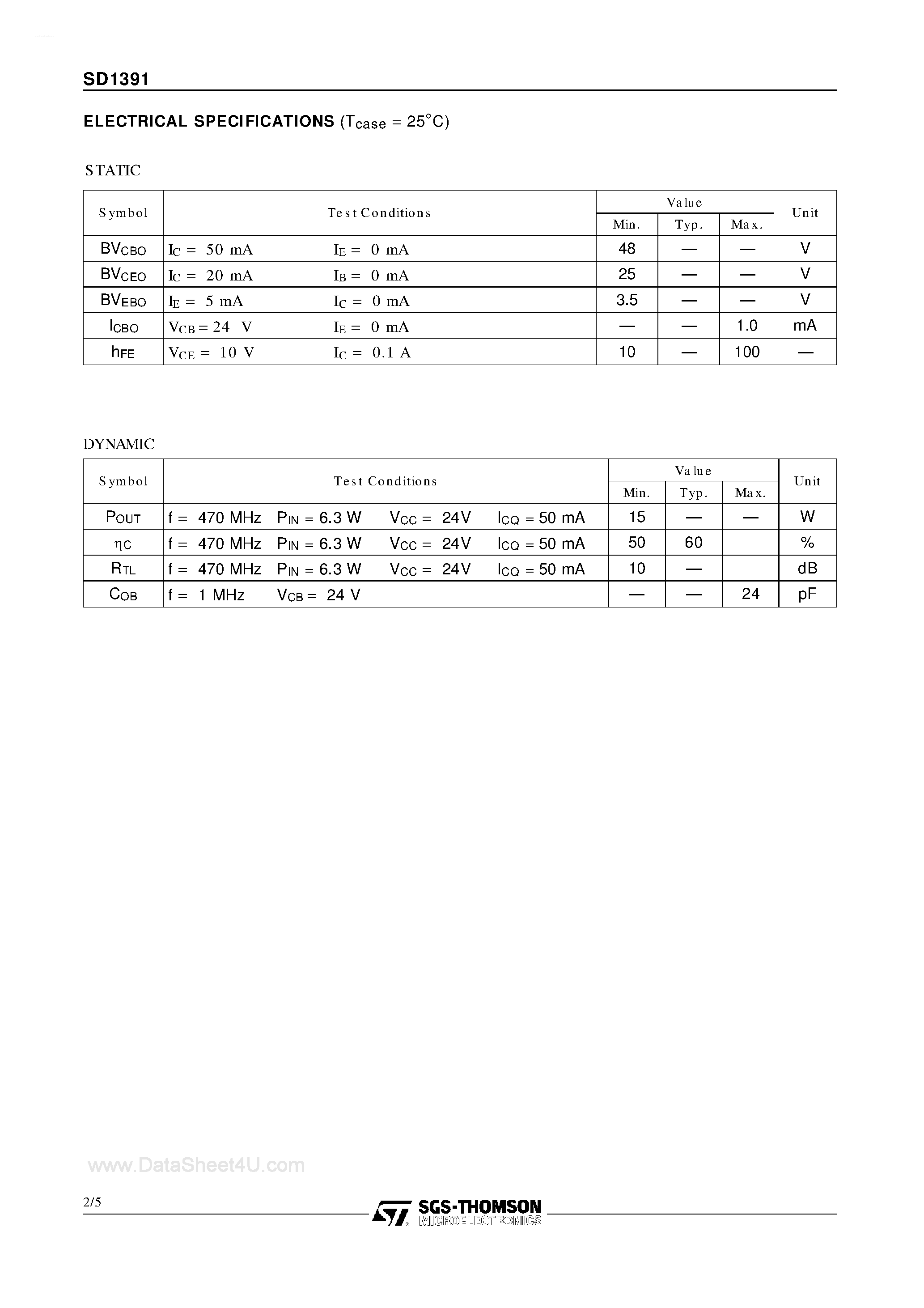 Datasheet SD1391 - RF & MICROWAVE TRANSISTORS UHF BASE STATION APPLICATIONS page 2