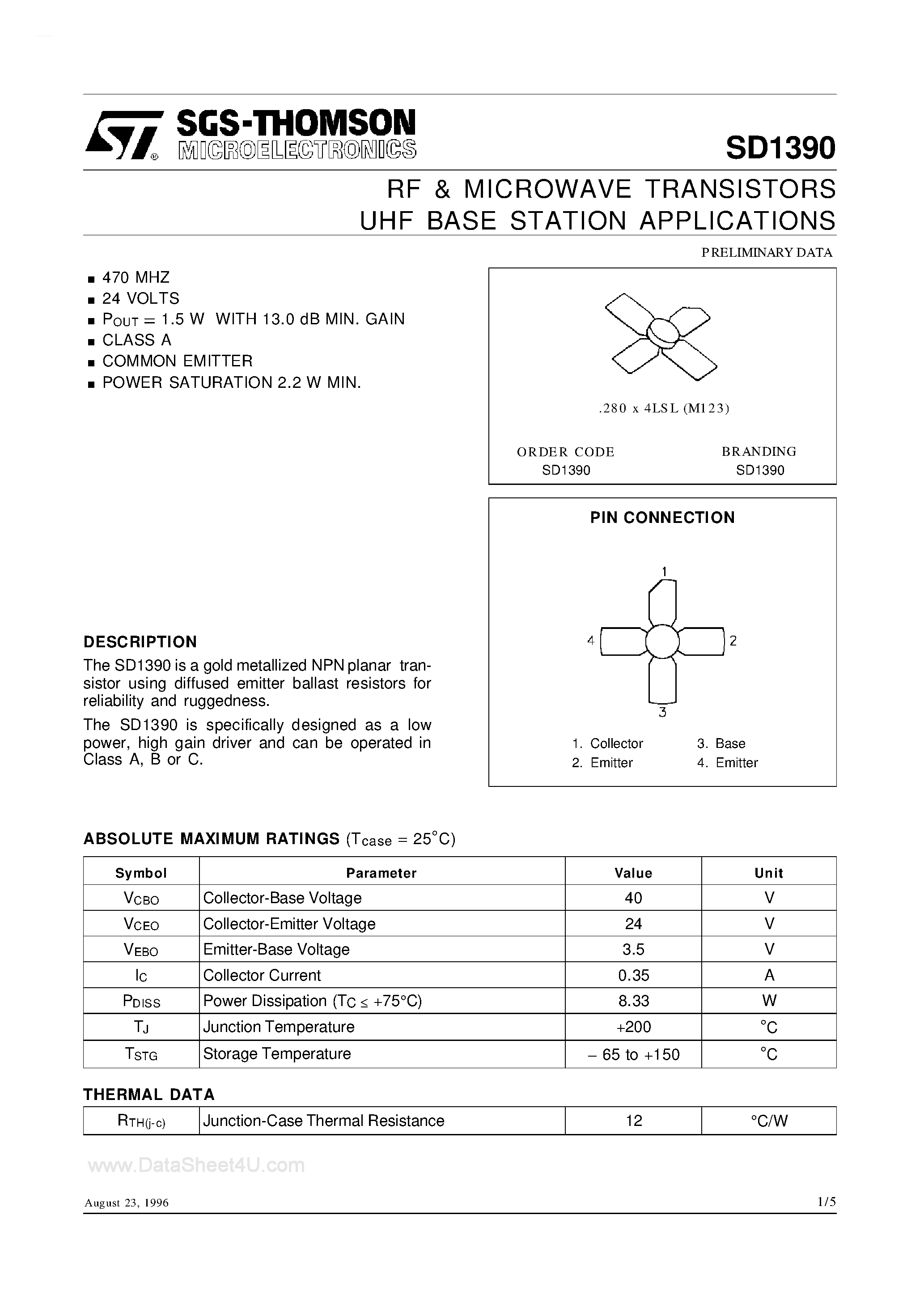 Datasheet SD1390 - RF & MICROWAVE TRANSISTORS UHF BASE STATION APPLICATIONS page 1