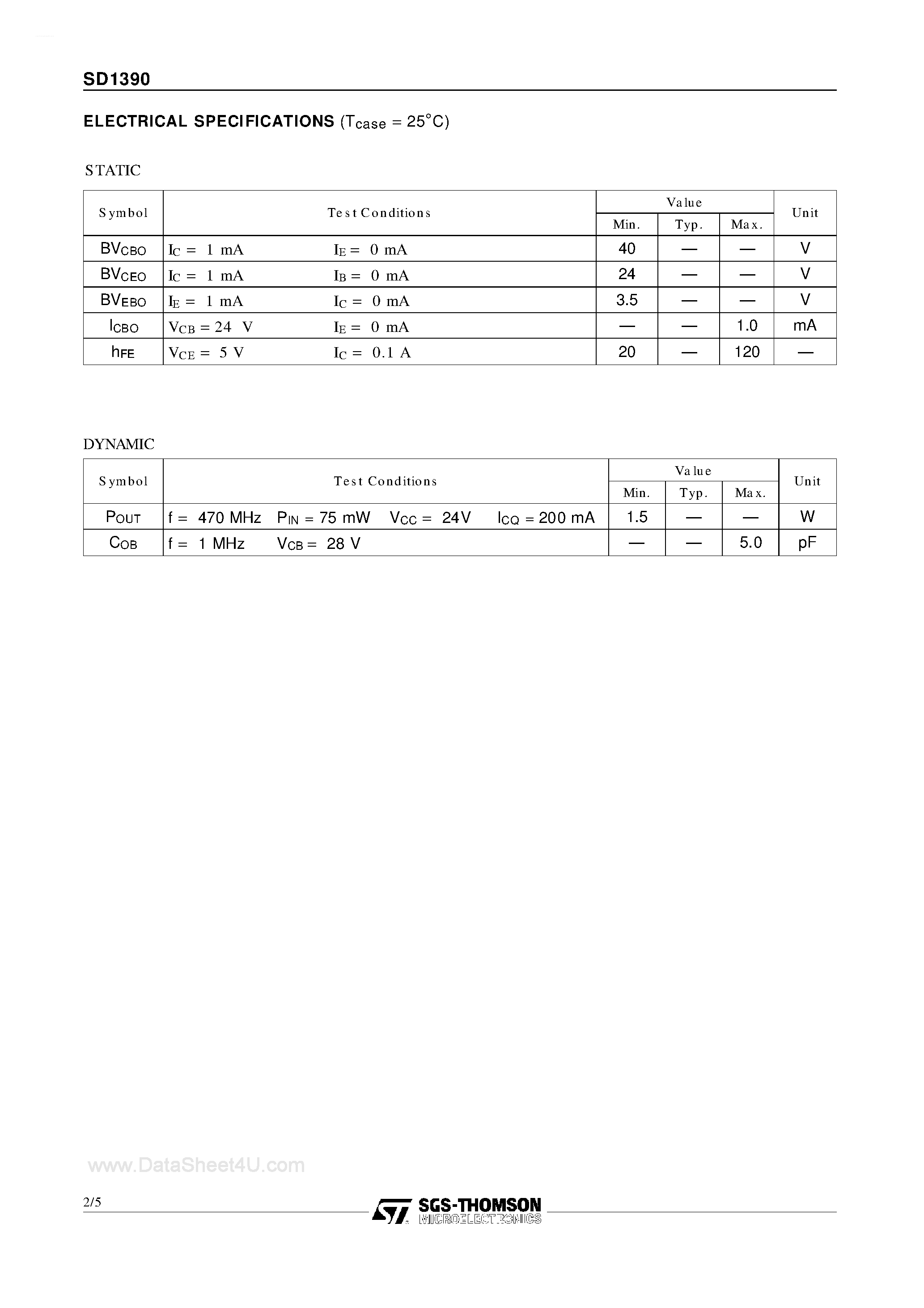 Datasheet SD1390 - RF & MICROWAVE TRANSISTORS UHF BASE STATION APPLICATIONS page 2