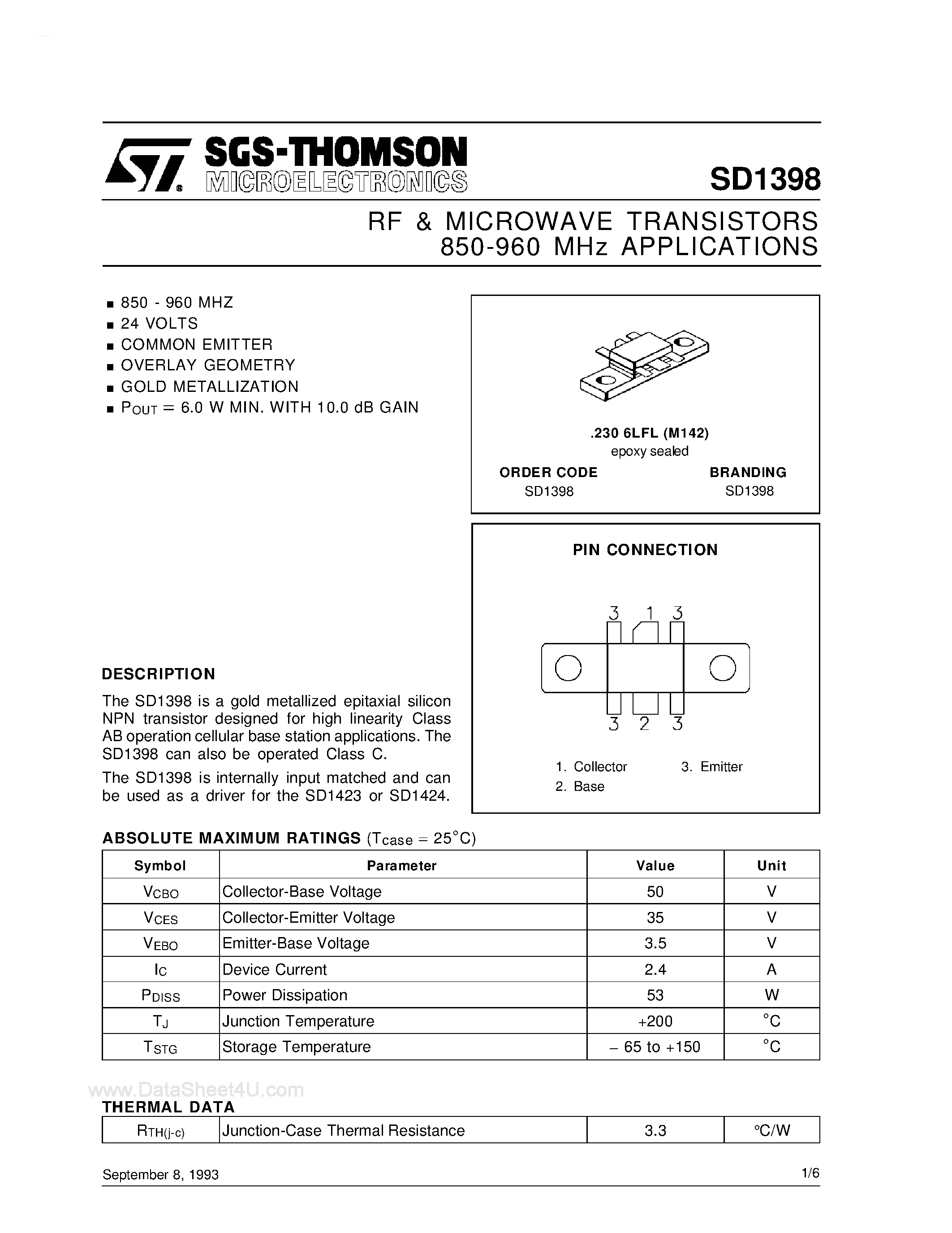 Datasheet SD1398 - RF & MICROWAVE TRANSISTORS 850-960 MHz APPLICATIONS page 1