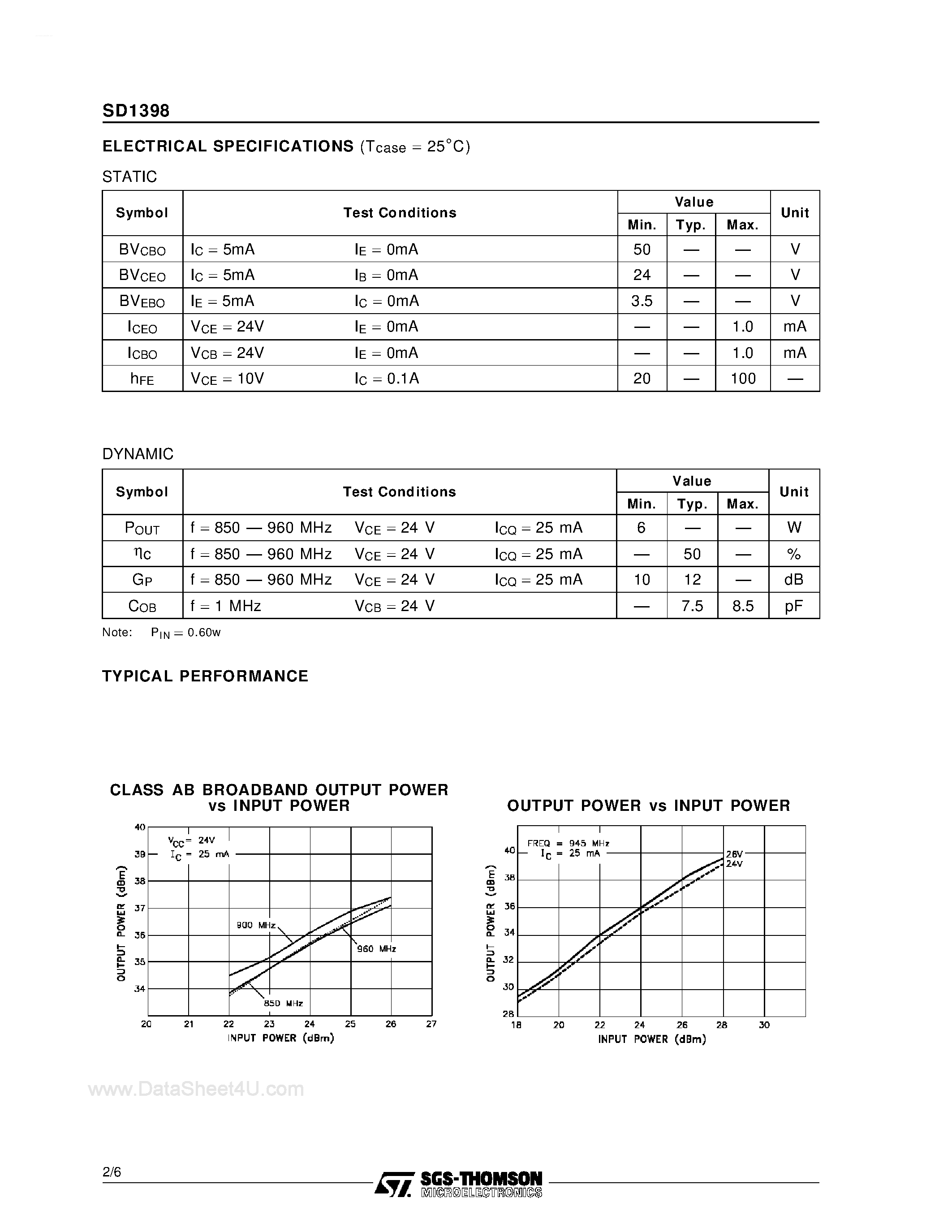 Datasheet SD1398 - RF & MICROWAVE TRANSISTORS 850-960 MHz APPLICATIONS page 2