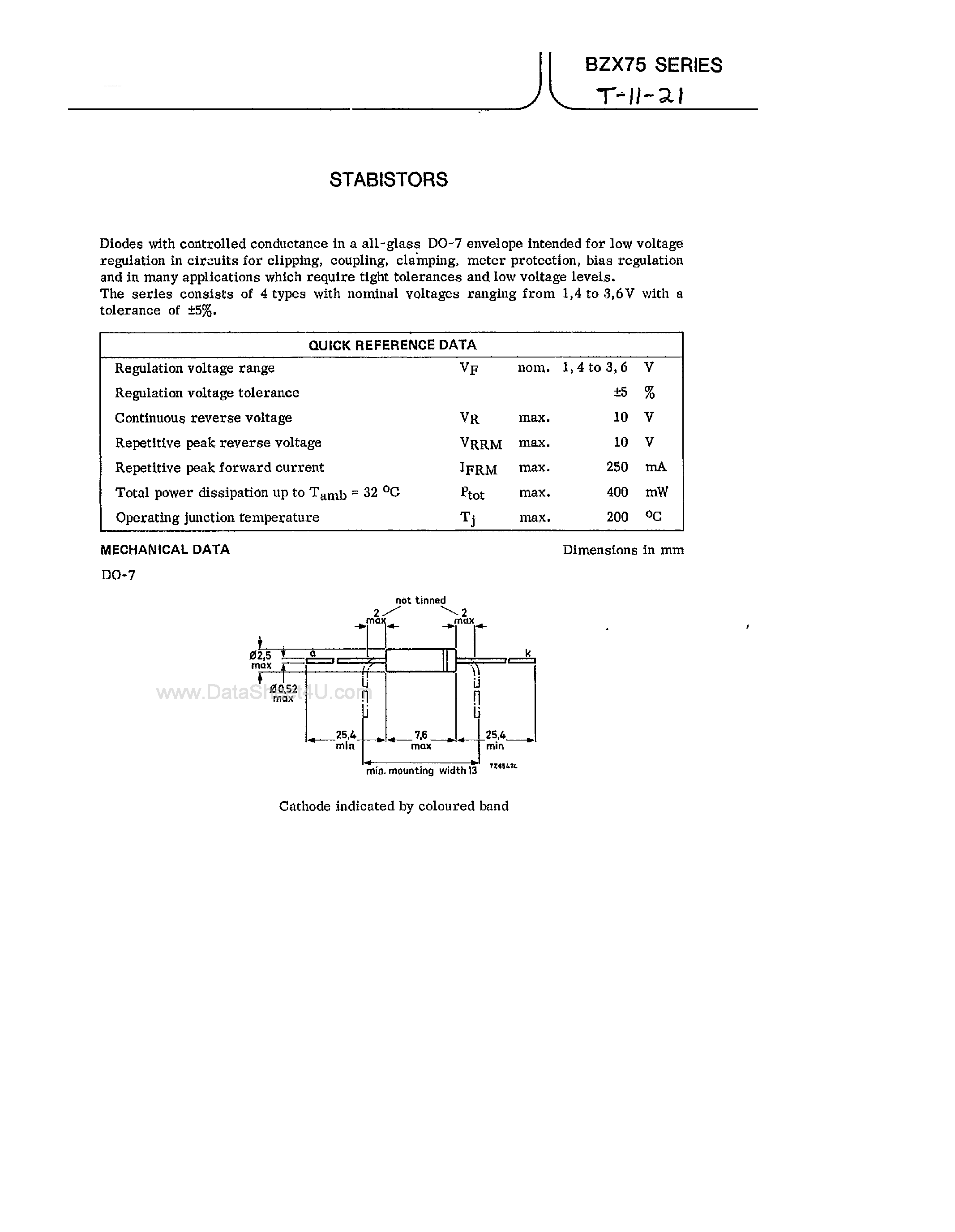 Datasheet BZX75C2V8 - (BZX75 Series) Stabistors page 1