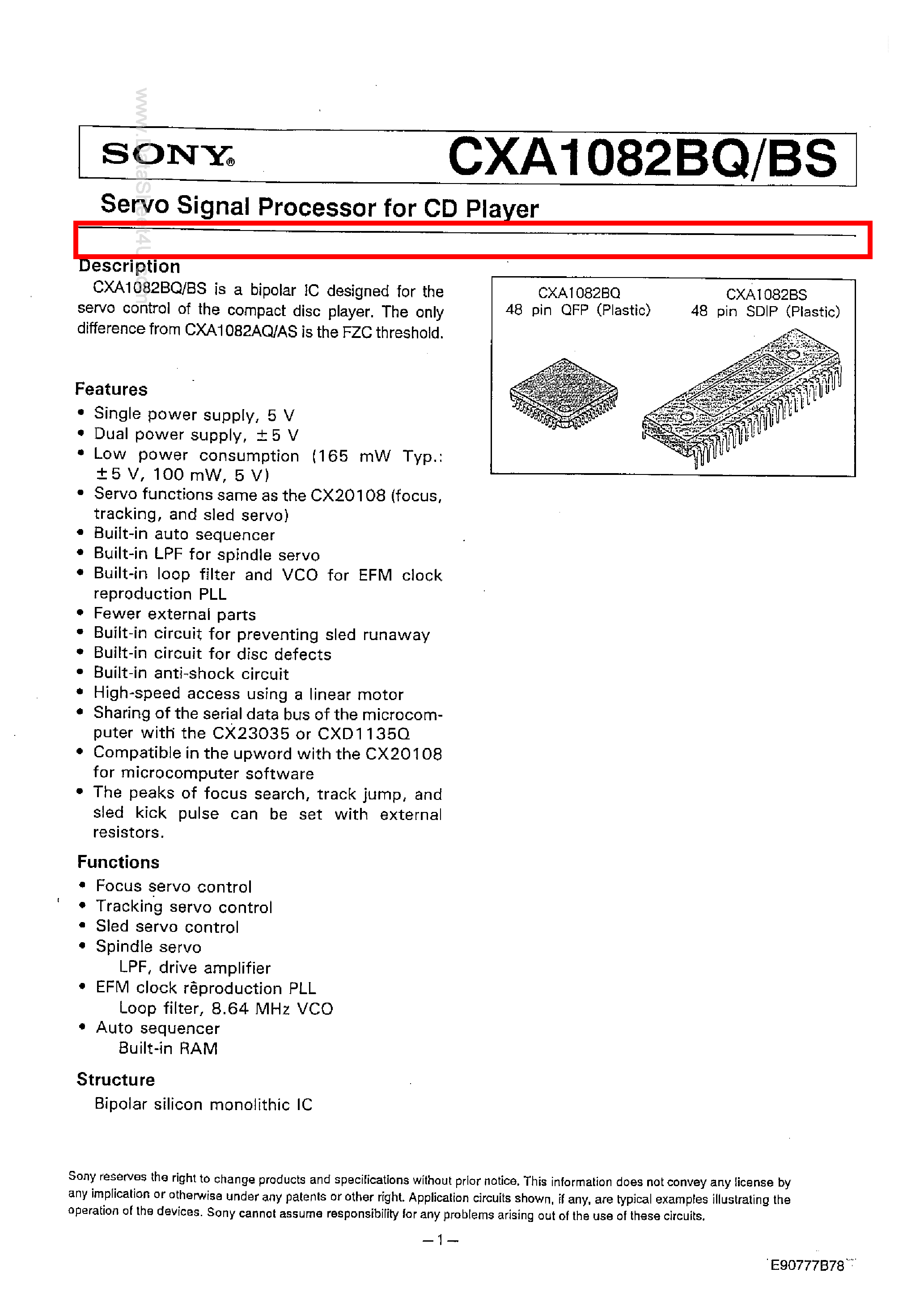 Даташит CXA1082BQ - Servo Signal Processor for CD Player страница 1