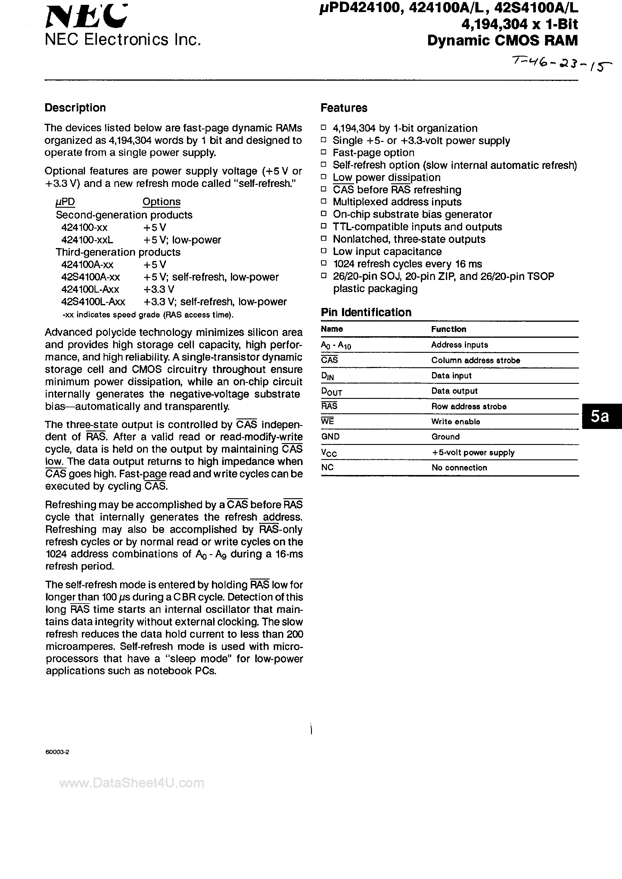 Даташит UPD424100 - 4M x 1-Bit Dynamic CMOS RAM страница 1