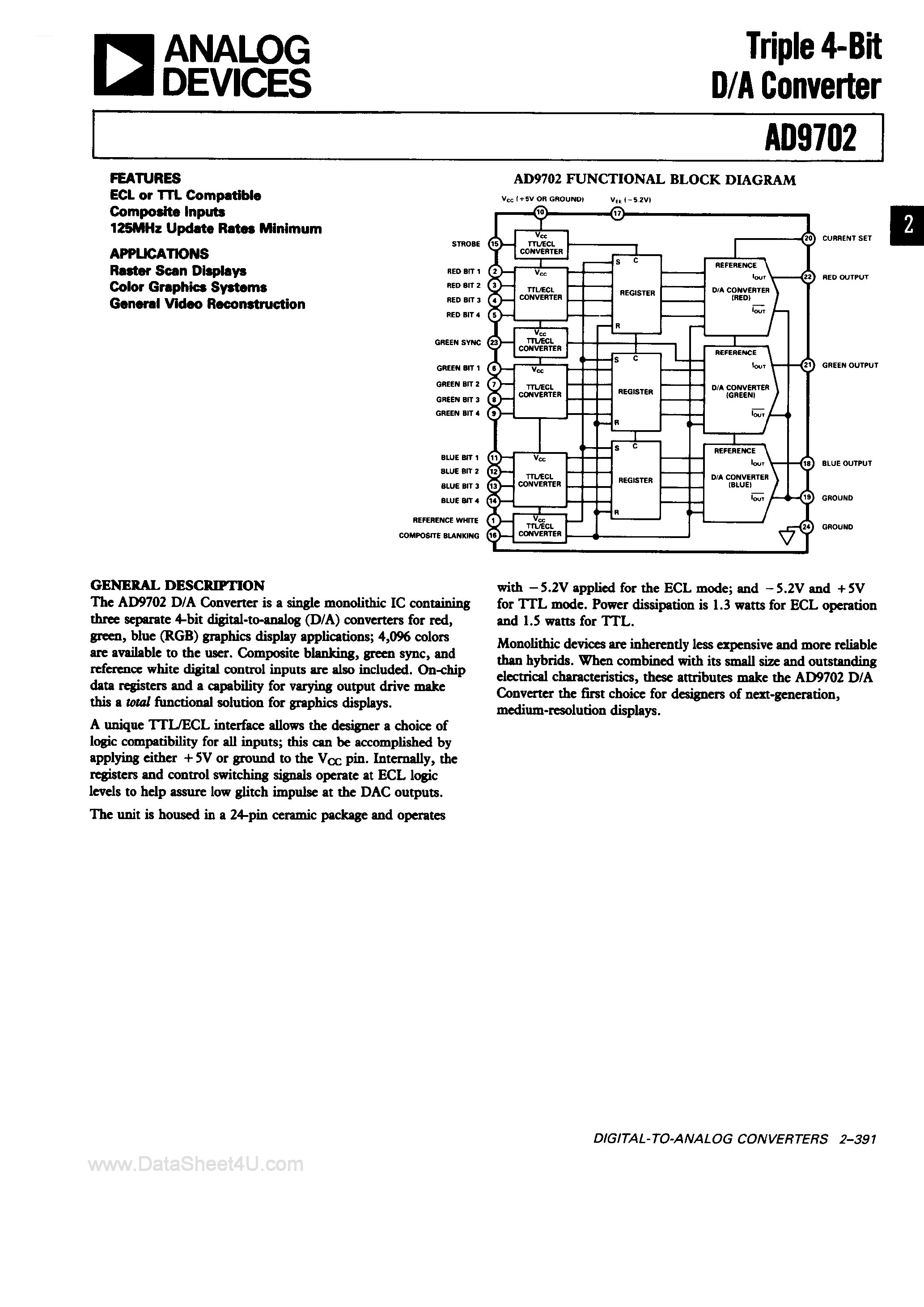 Datasheet AD9702 - Triple 4-Bit D/A Converter page 1