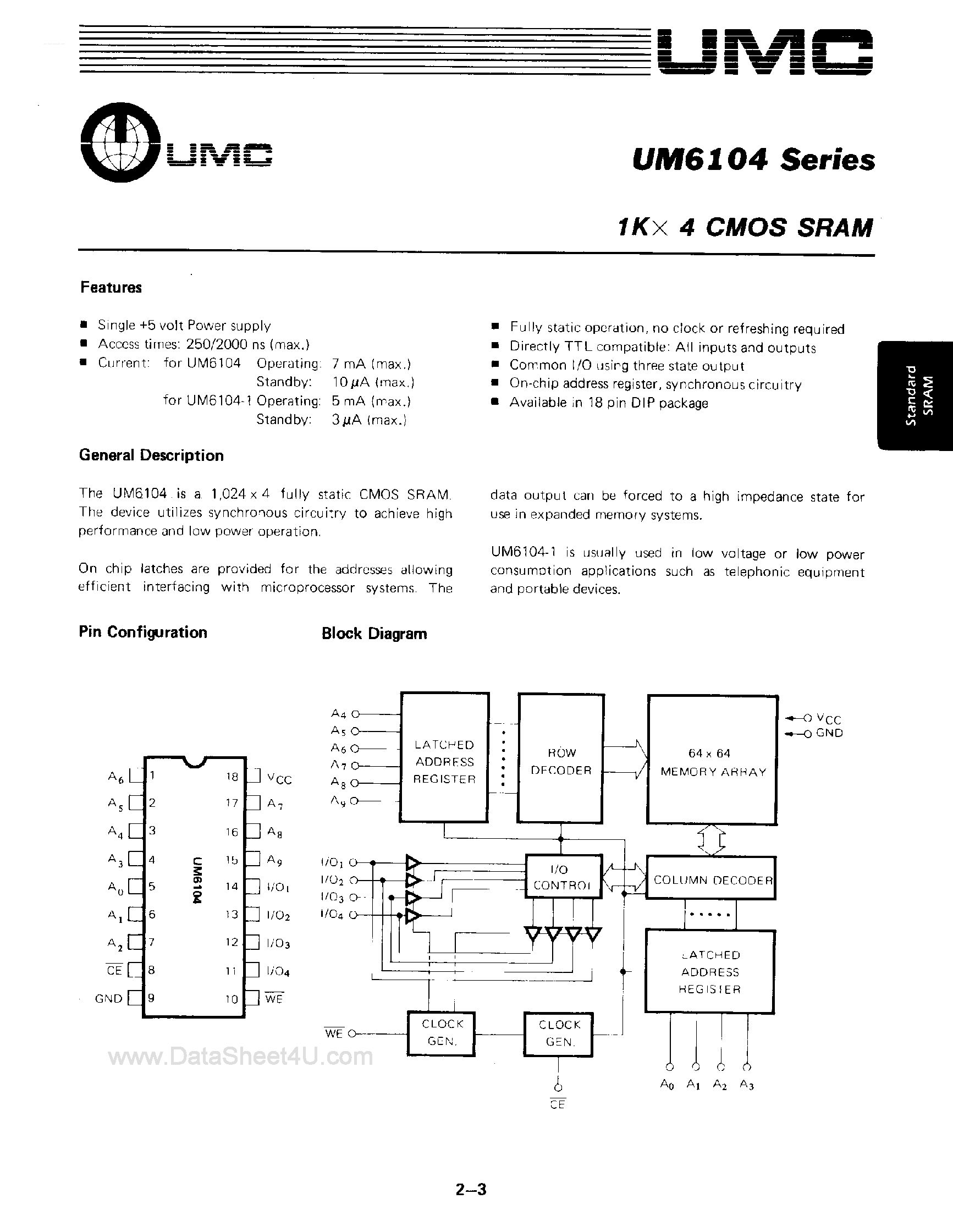 Datasheet UM6104 - 1K x 4 CMOS SRAM page 1