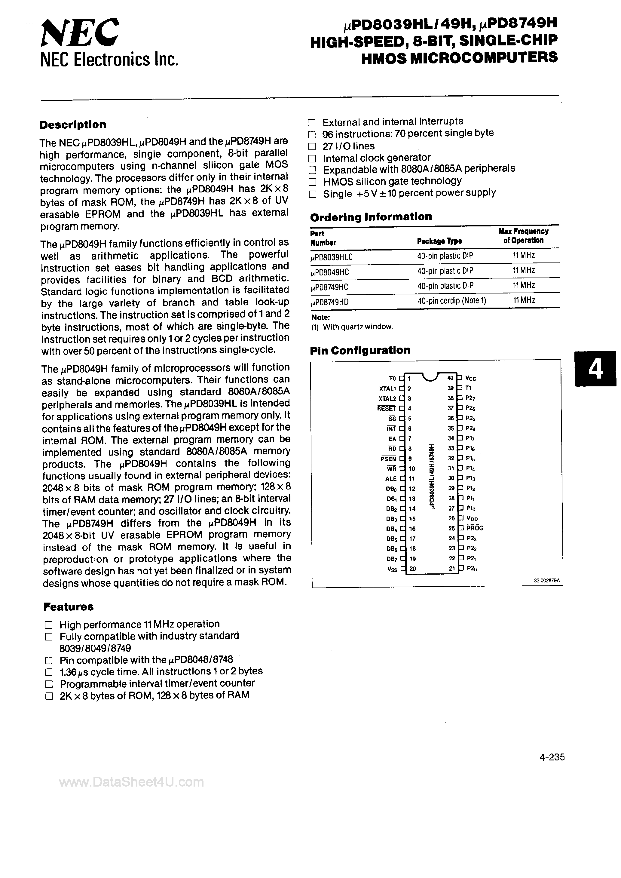 Даташит UPD8039HL - (UPD8749H / UPD8039HL / UPD8049H) High-Speed 8-Bit Single-Chip Hmos Microcomputers страница 1