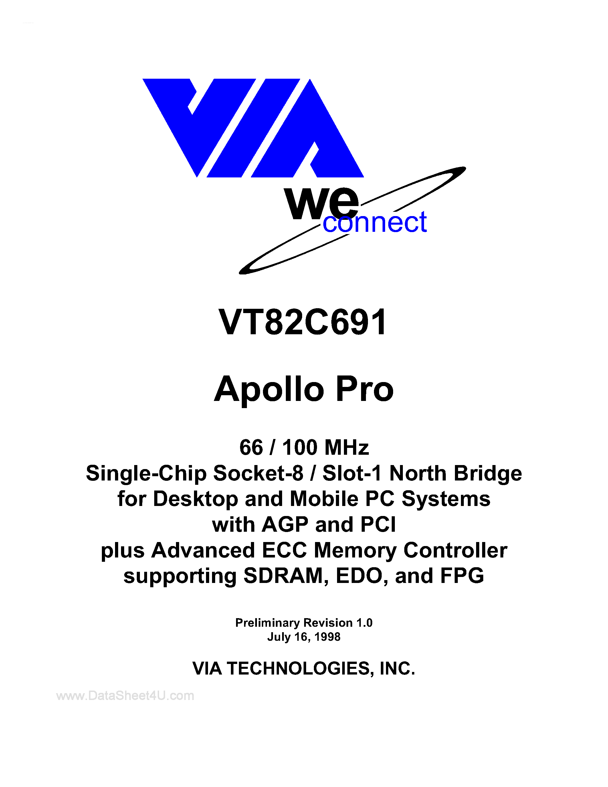 Даташит VT82C691 - Apollo Pro 66/100 MHZ Single-chip Socket-8/slot-1 North Bridge страница 1