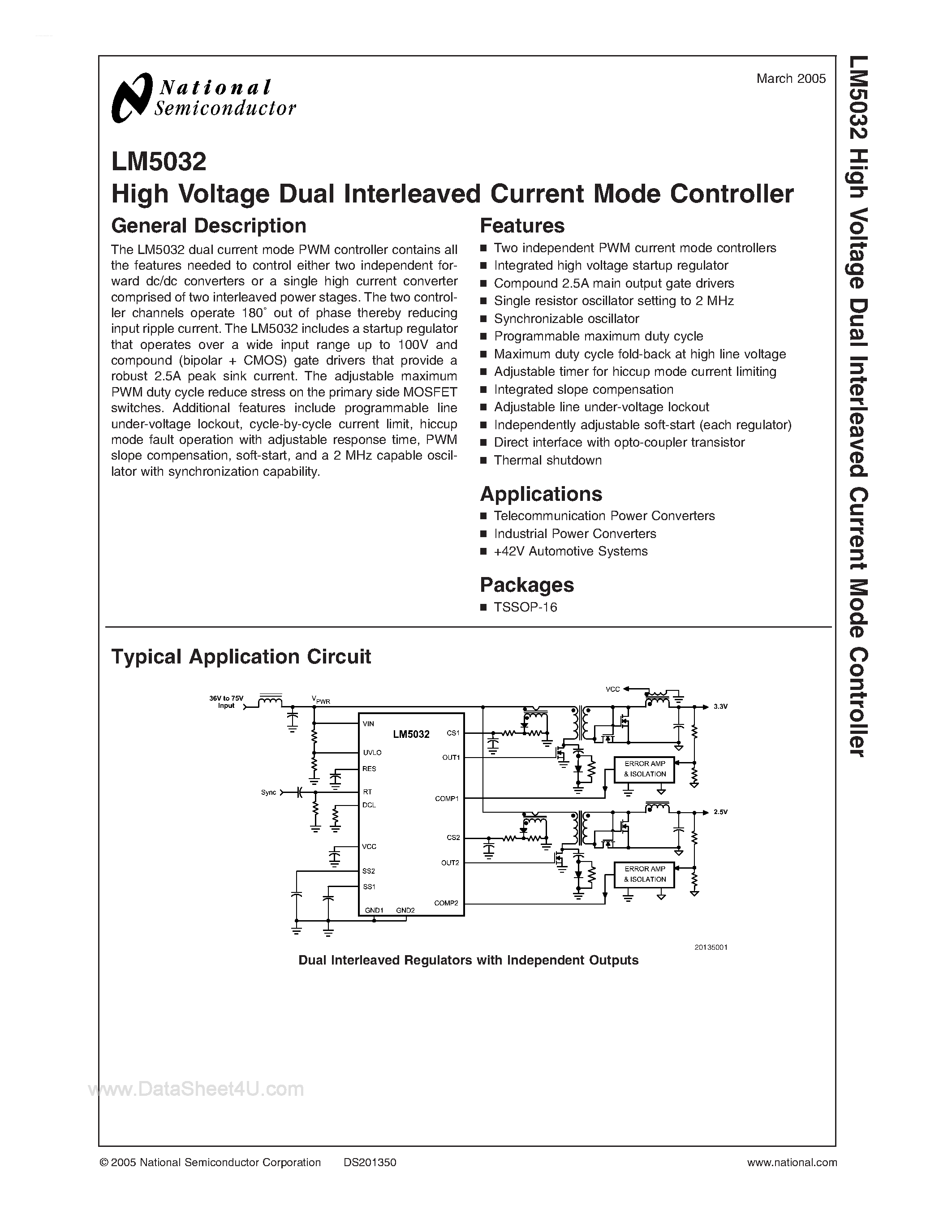 Datasheet LM5032 - High Voltage Dual Interleaved Current Mode Controller page 1