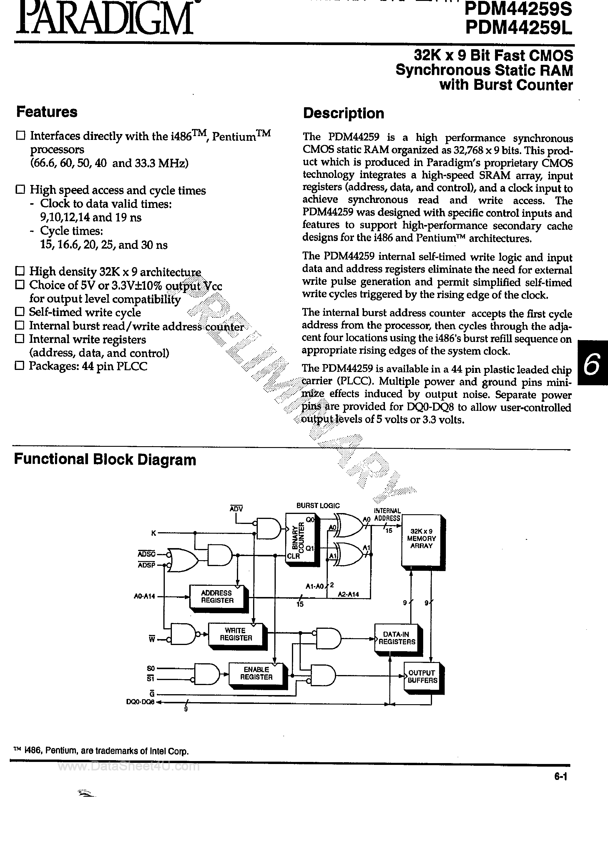 Datasheet PDM44259 - 32K x 9-Bit Fast CMOS SRAM page 1