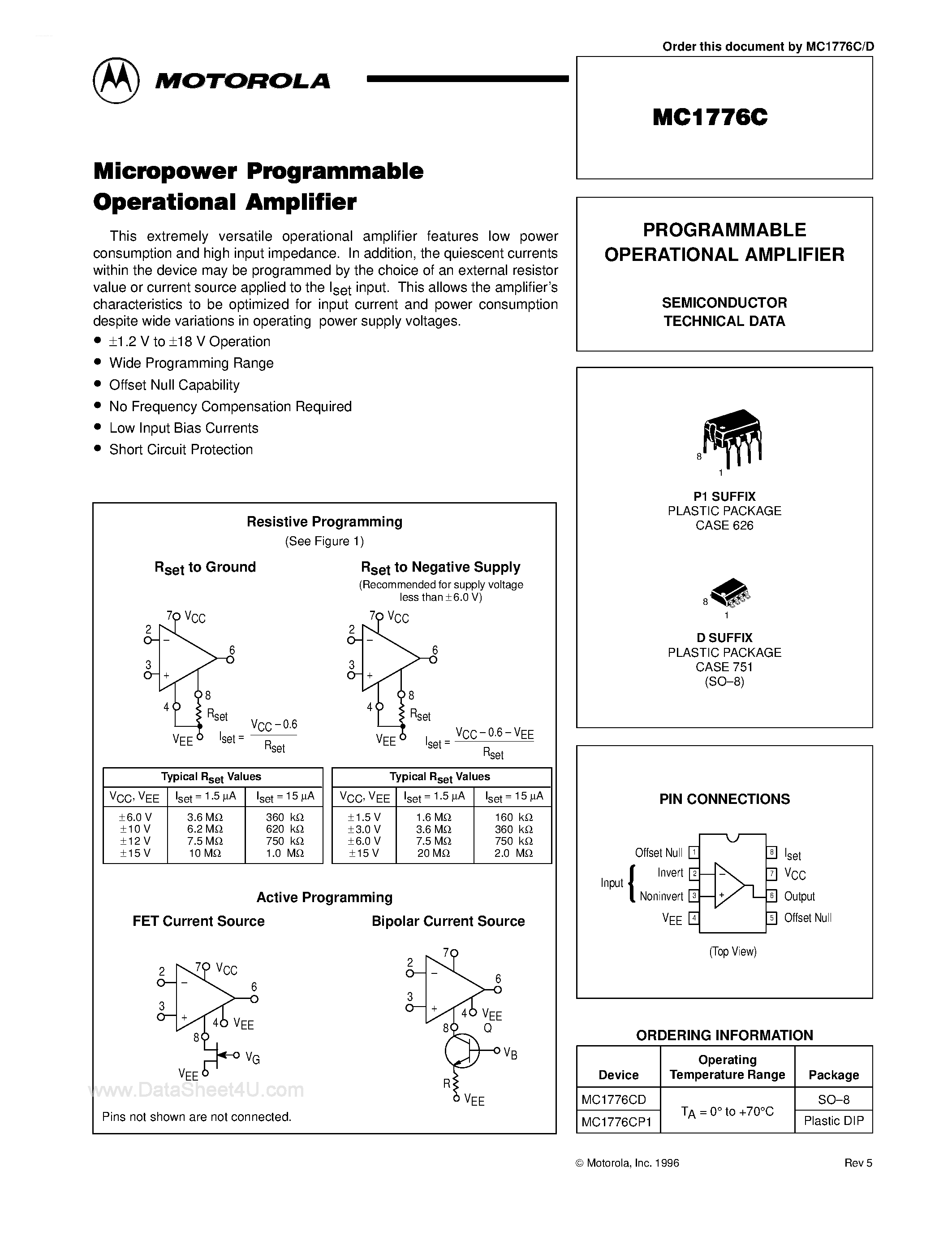 Даташит MC1776C - PROGRAMMABLE OPERATIONAL AMPLIFIER страница 1