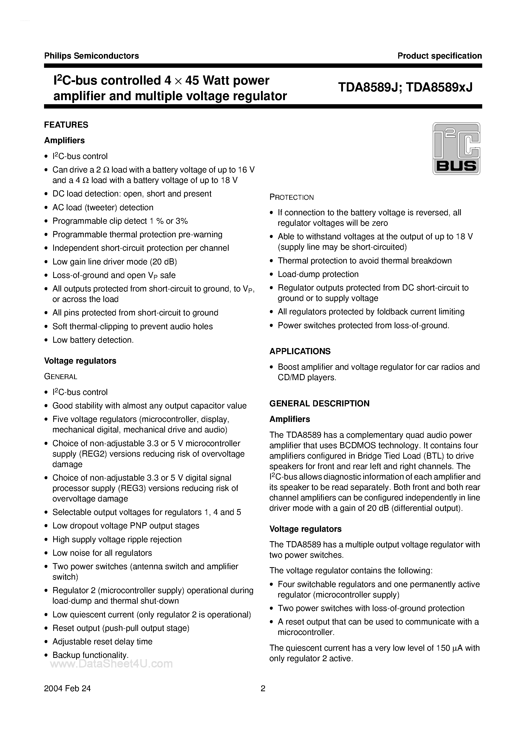 Даташит TDA8589J - I2C Bus Controlled 4 x 45 Watt Power Amplifier and Multiple Voltage Regulator страница 2