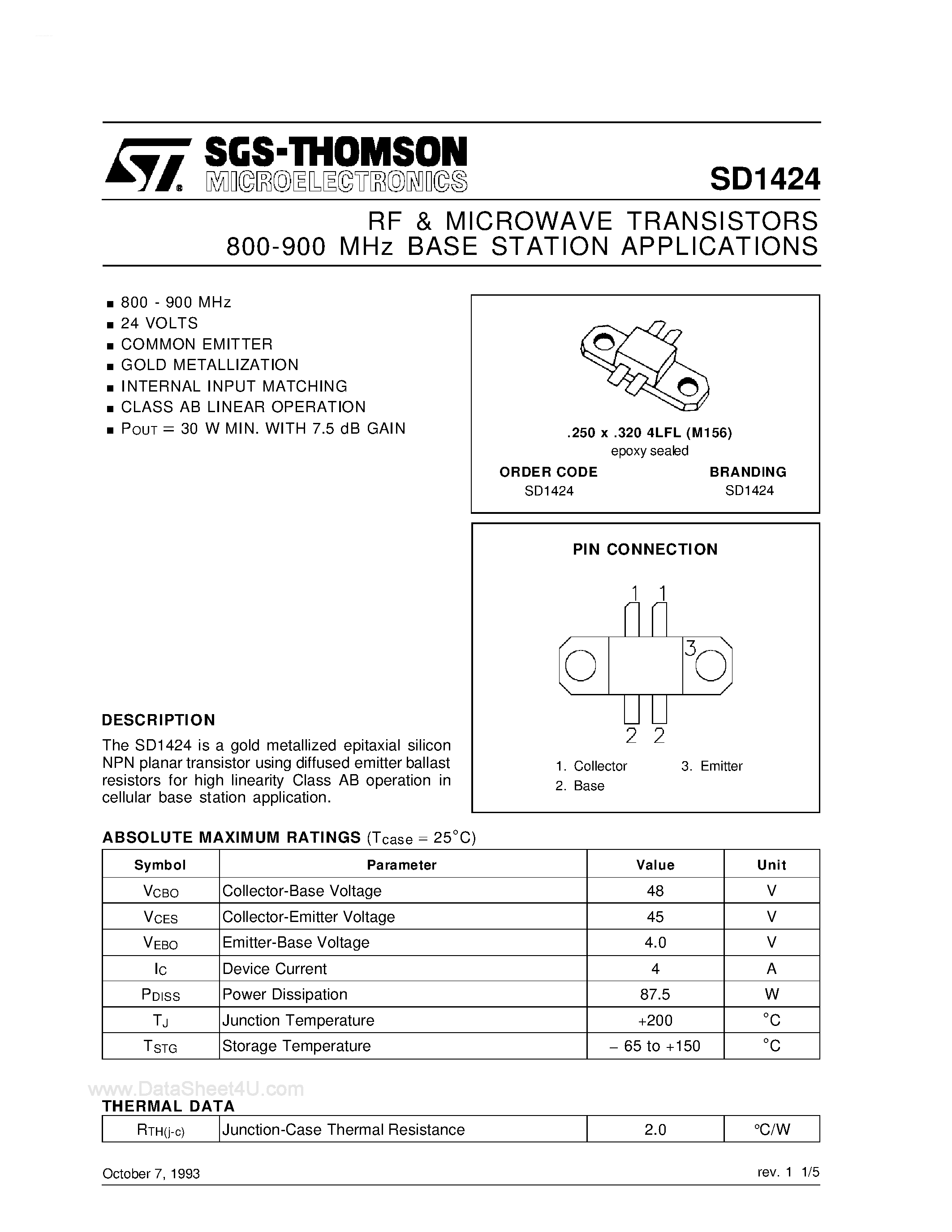 Datasheet SD1424 - RF & MICROWAVE TRANSISTORS 800-900 MHz BASE STATION APPLICATIONS page 1