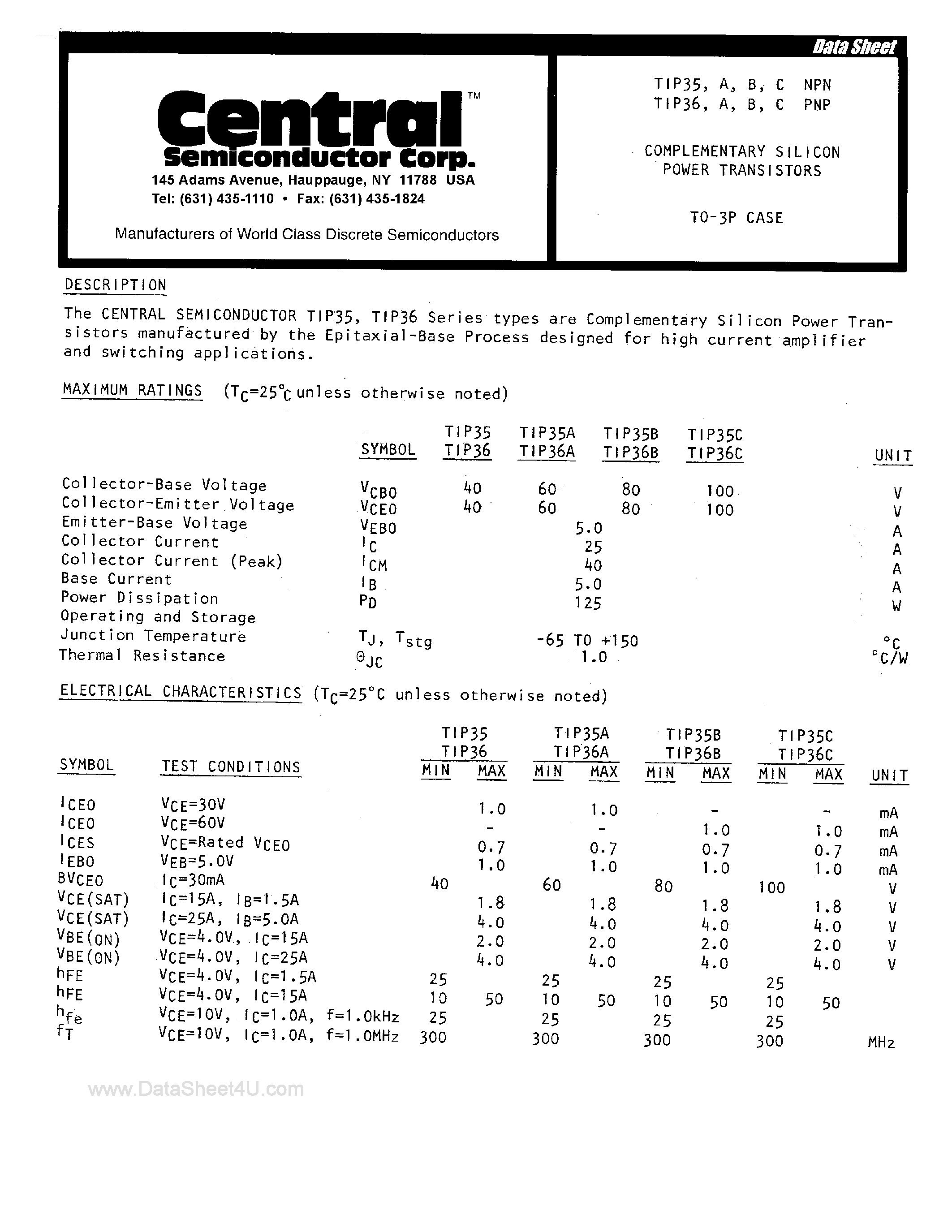 Datasheet TIP35 - (TIP35 / TIP36) Complementary Silicon Power Transistors page 1