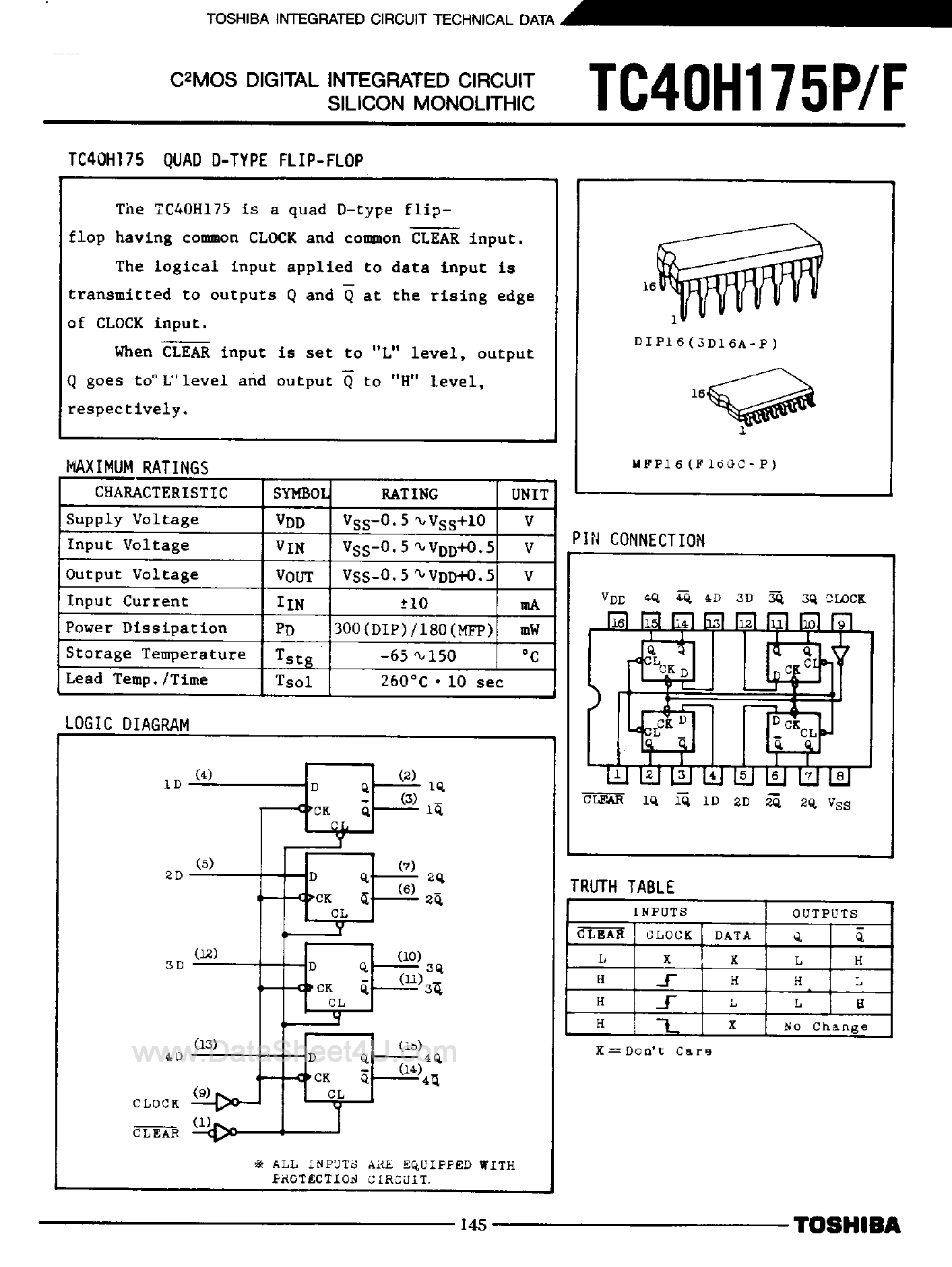 Даташит TC40H175F - Quad D-Type Flip-Flop страница 1