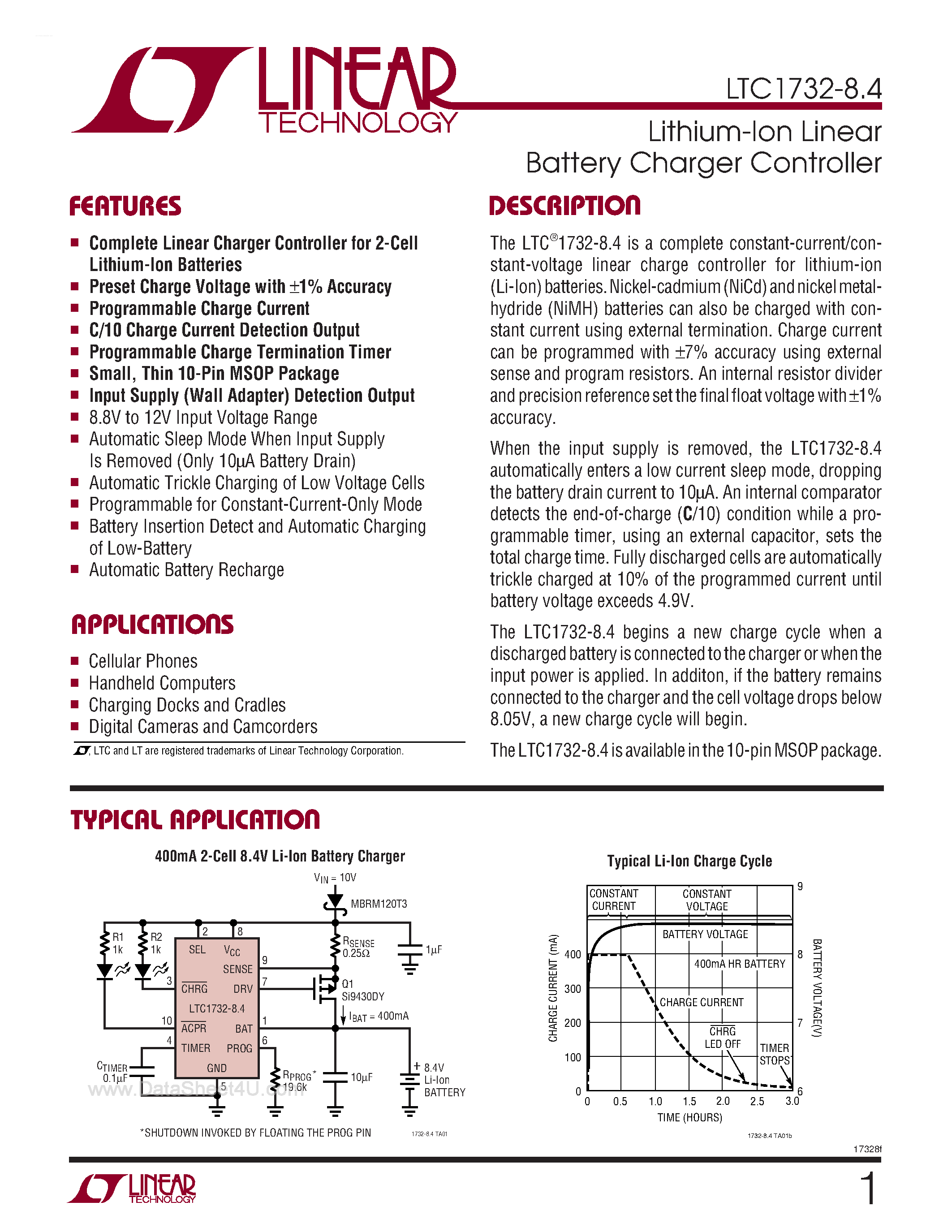 Datasheet LTC1732-8.4 - Lithium-Ion Linear Battery Charger Controller page 1