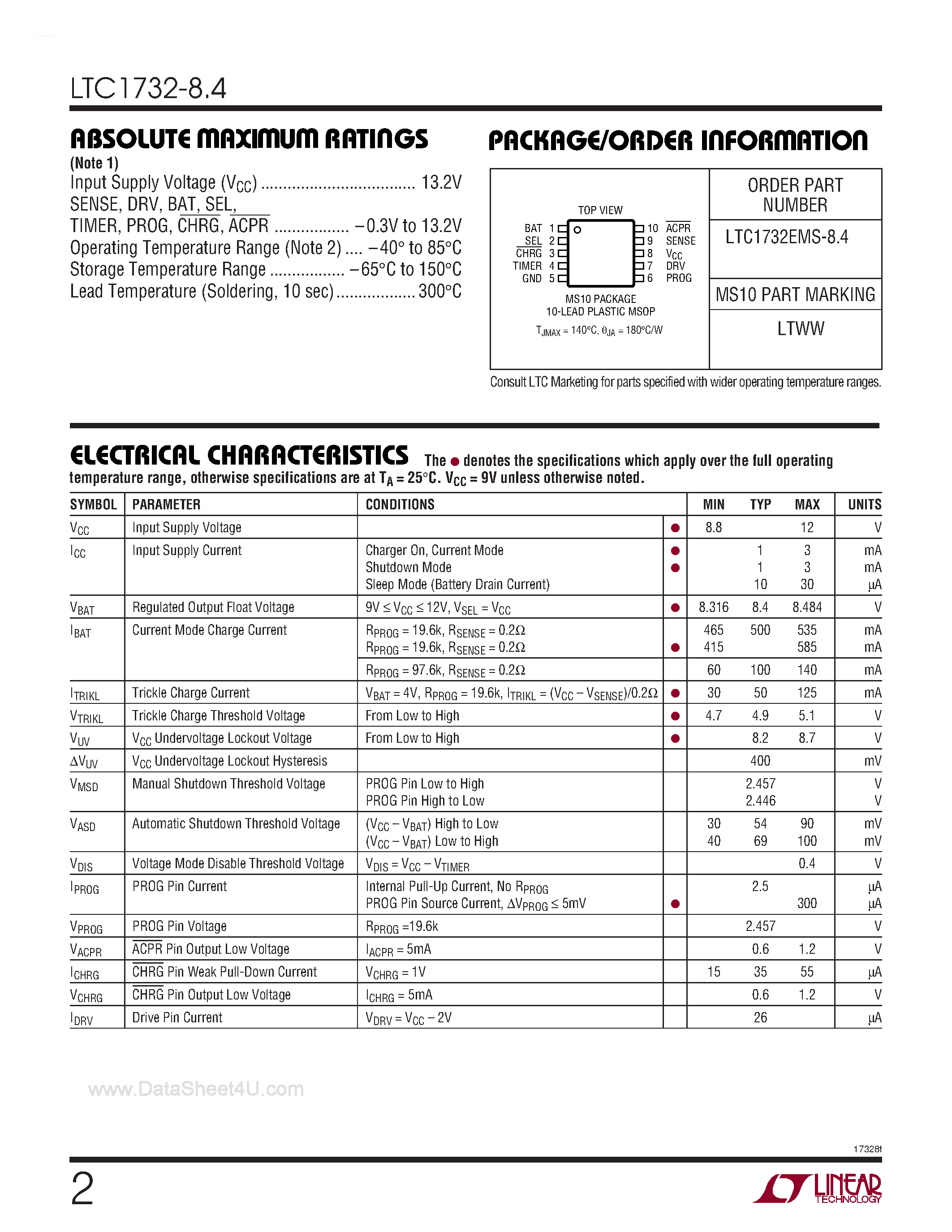 Datasheet LTC1732-8.4 - Lithium-Ion Linear Battery Charger Controller page 2