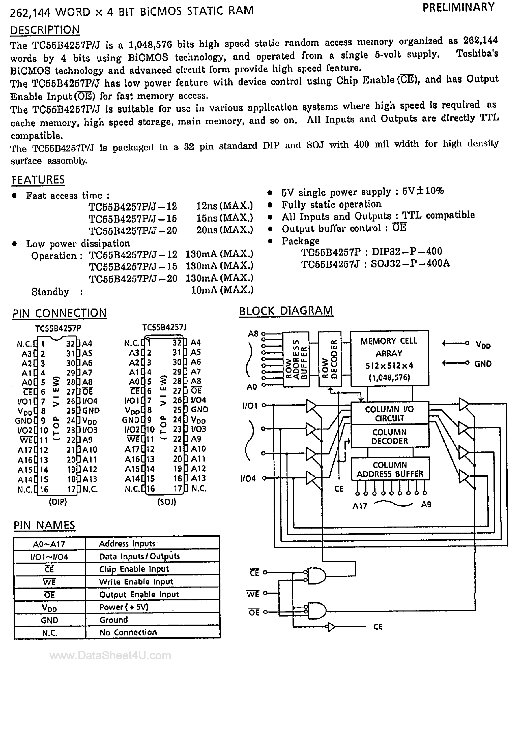 Datasheet TC55B4257J - 256K x 4-Bit BiCMOS Static RAM page 1