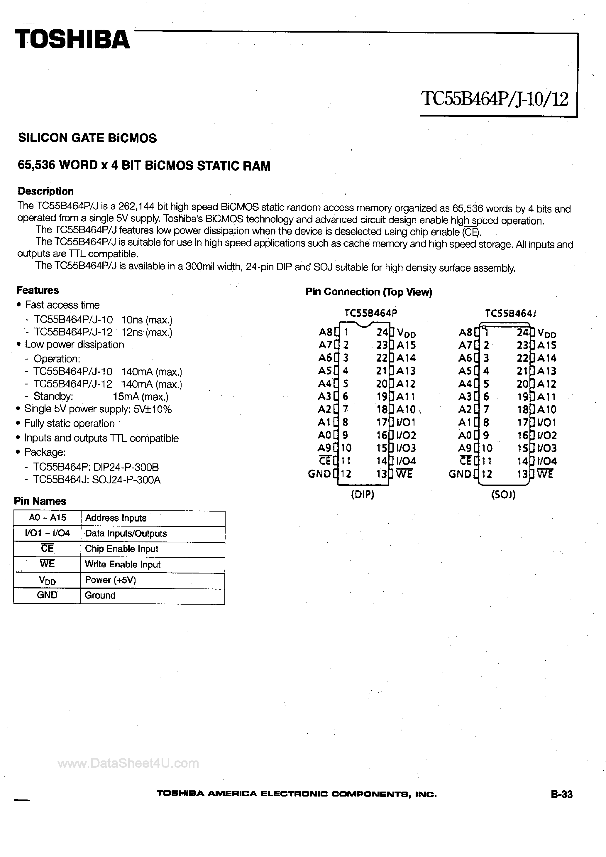 Datasheet TC55B464J - 64K x 4-Bit BiCMOS Static RAM page 1