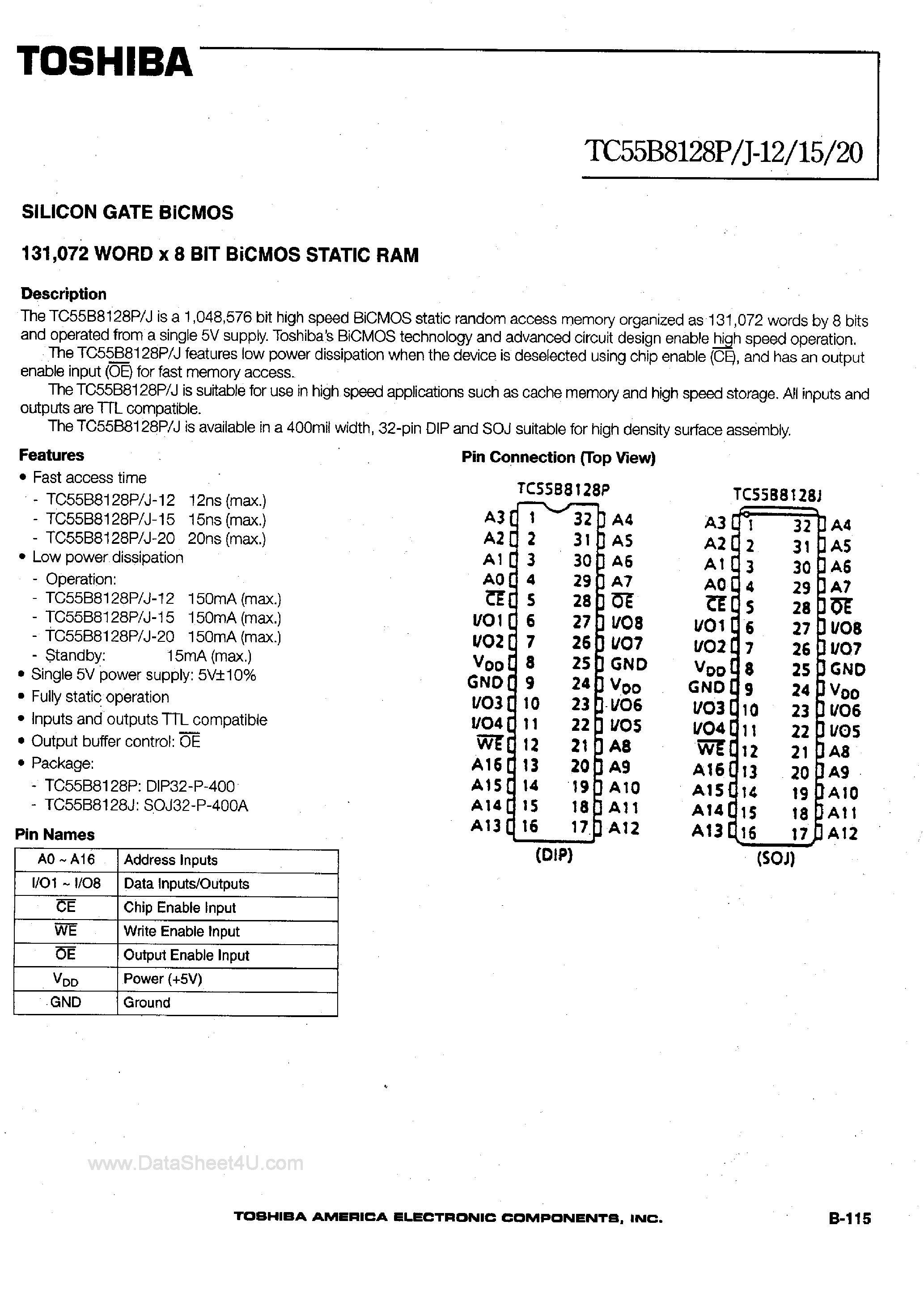 Datasheet TC55B8128J - 128K x 4-Bit BiCMOS Static RAM page 1