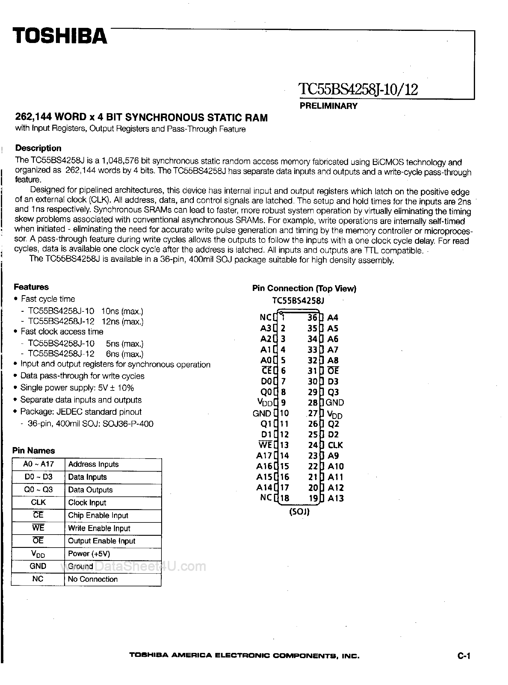 Datasheet TC55BS4258J - 256K x 4-Bit Synchronous Static RAM page 1