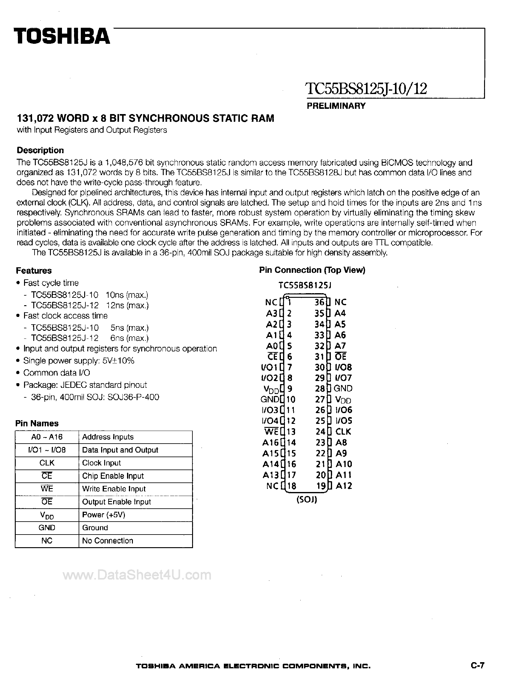 Datasheet TC55BS8125J - 128K x 8-Bit Synchronous Static RAM page 1