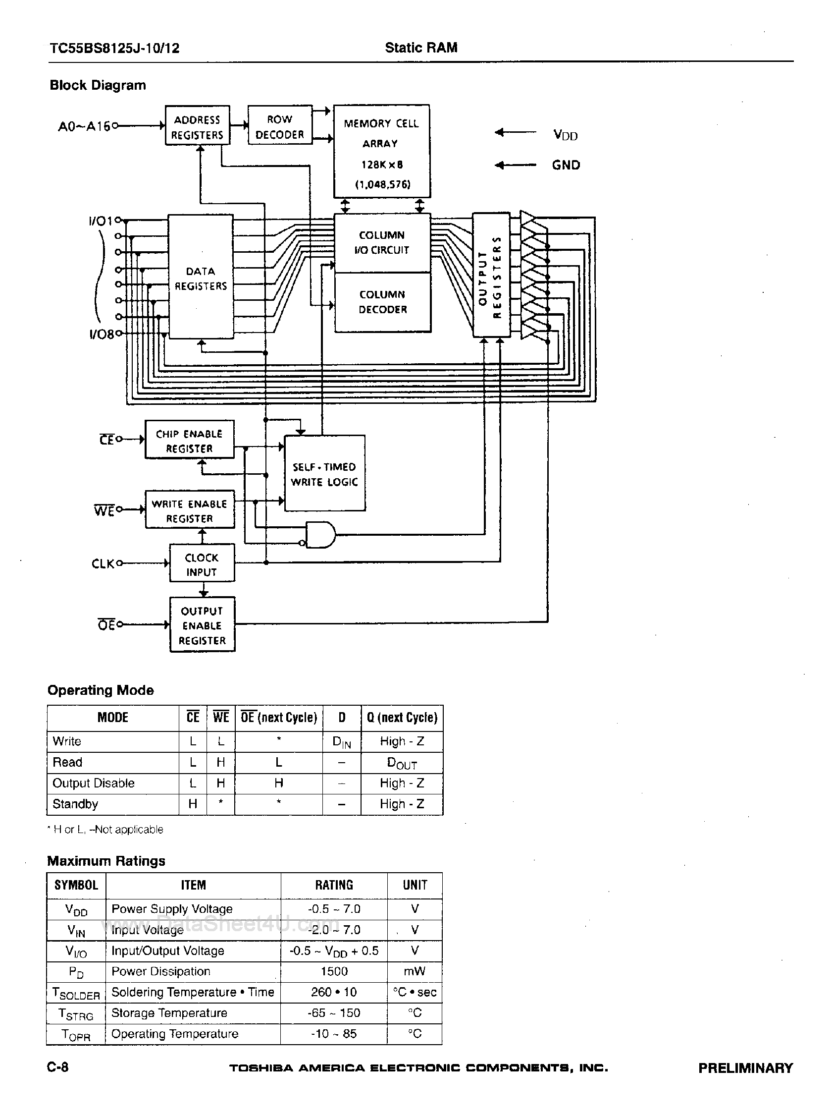 Datasheet TC55BS8125J - 128K x 8-Bit Synchronous Static RAM page 2