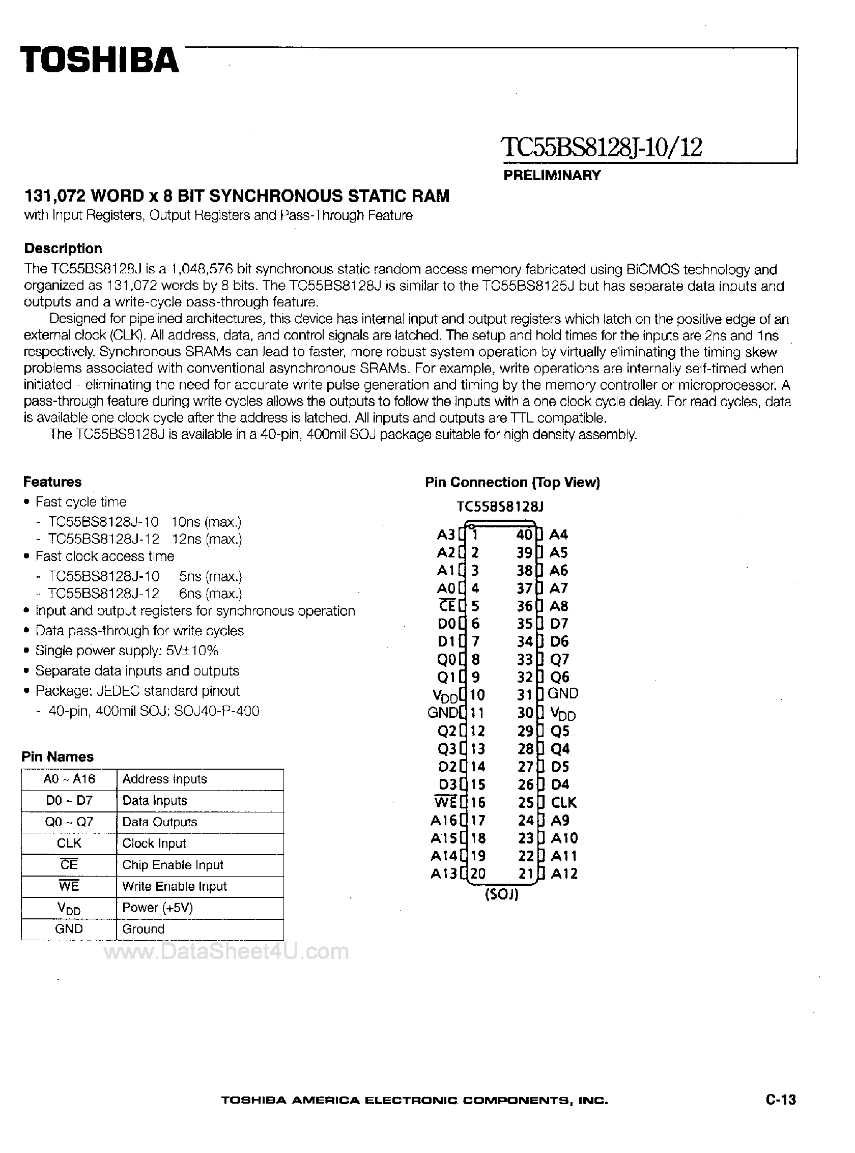 Datasheet TC55BS8128J - 128K x 8-Bit Synchronous Static RAM page 1