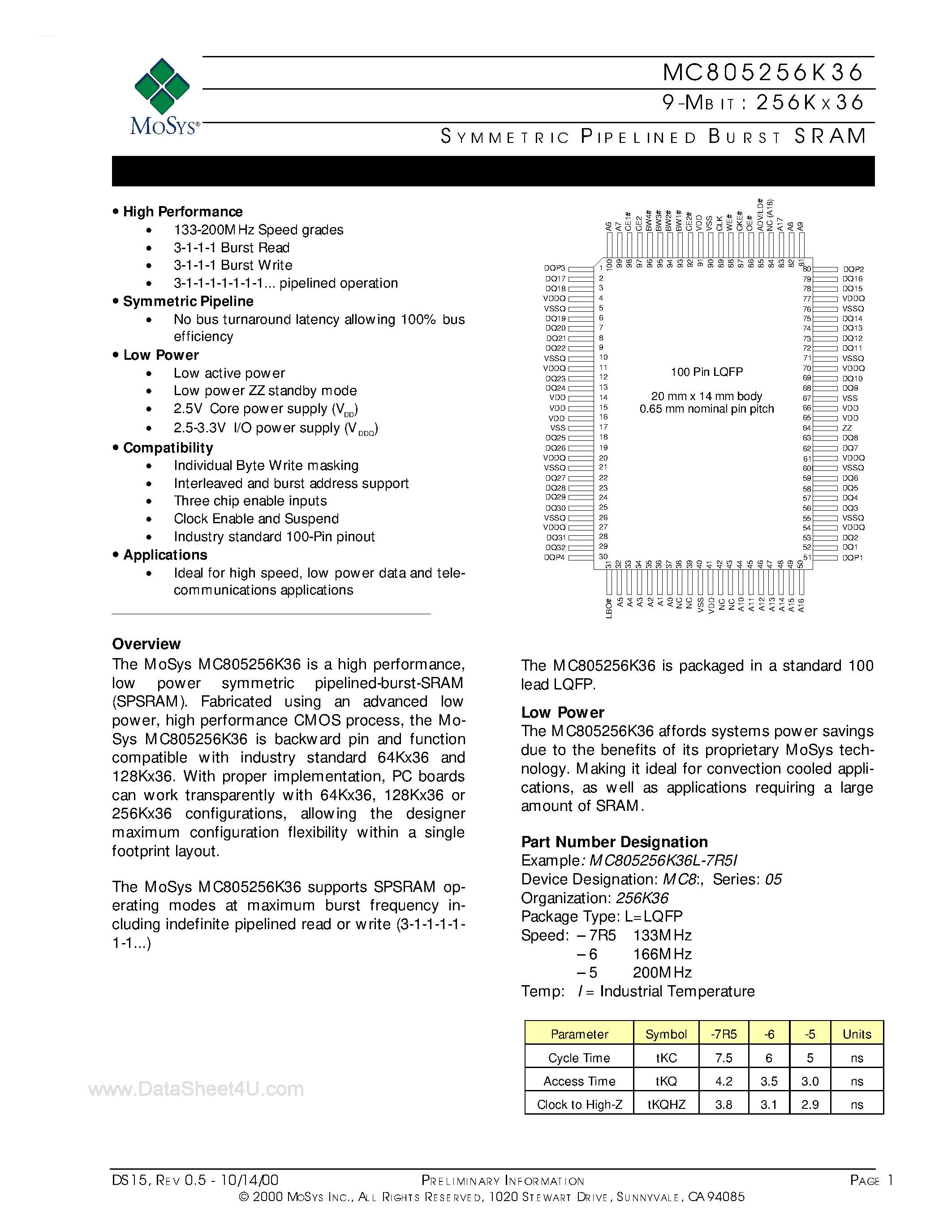 Datasheet MC805256K36 - 9M-Bit SRAM page 1