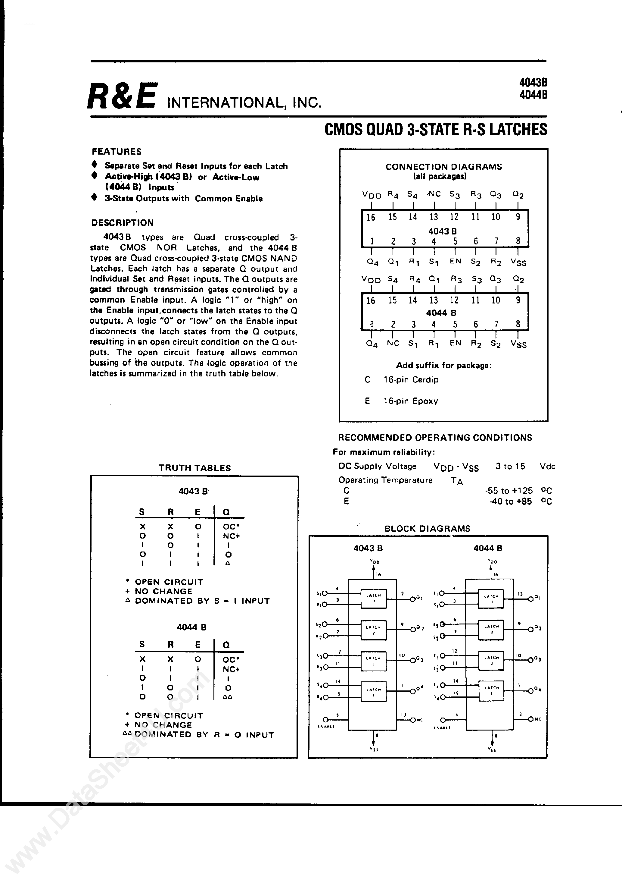 Datasheet SCL4043B - (SCL4043B / SCL4044B) CMOS Quad 3-Stage R-S Latches page 1