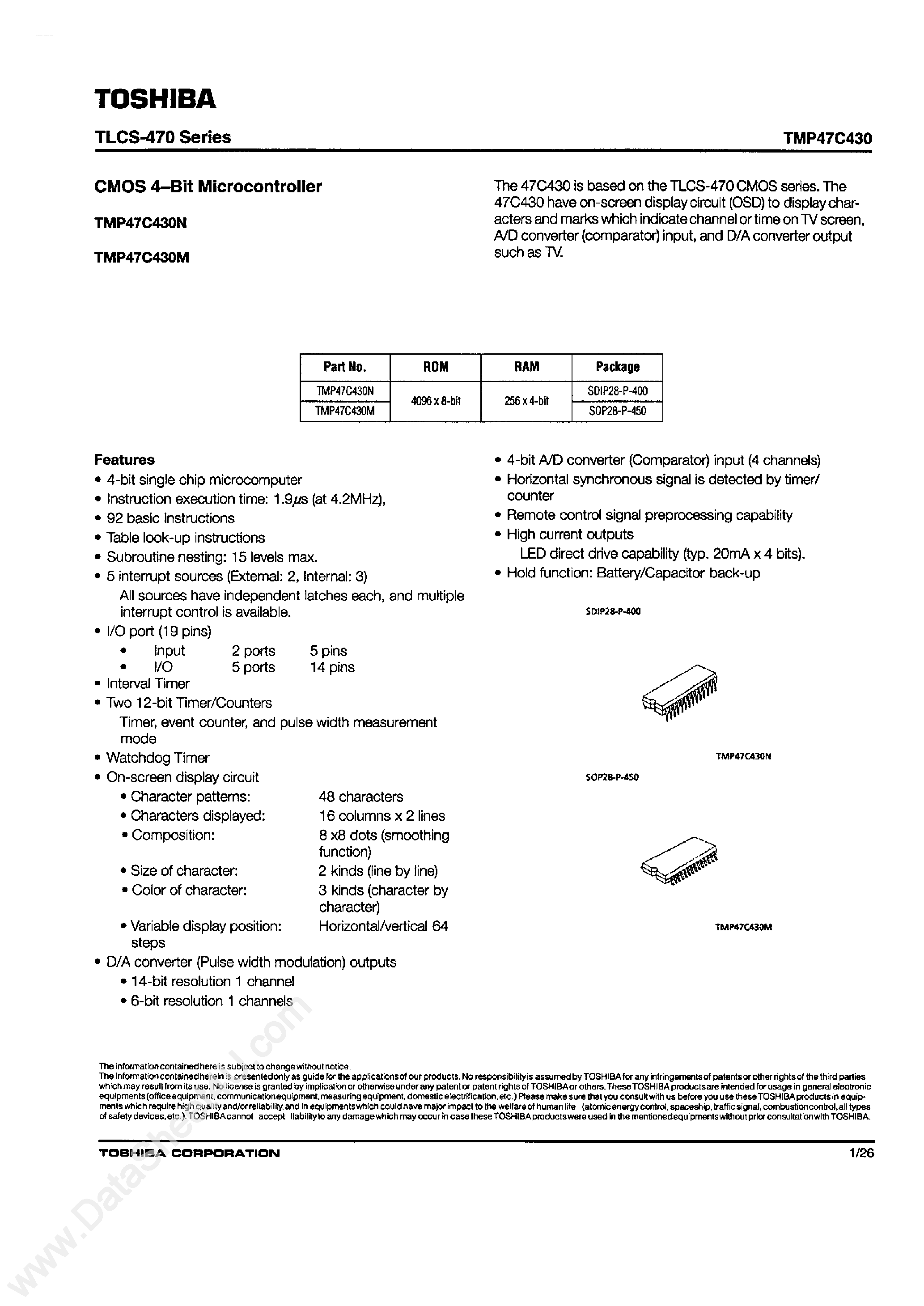 Datasheet TMP47C430 - CMOS 4-Bit Microcontroller page 1