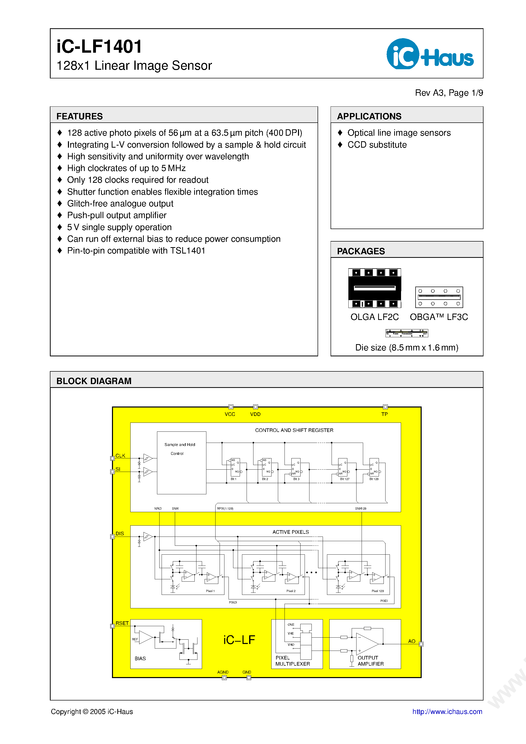 Datasheet LF1401 - 128 x 1 Linear Image Sensor page 1