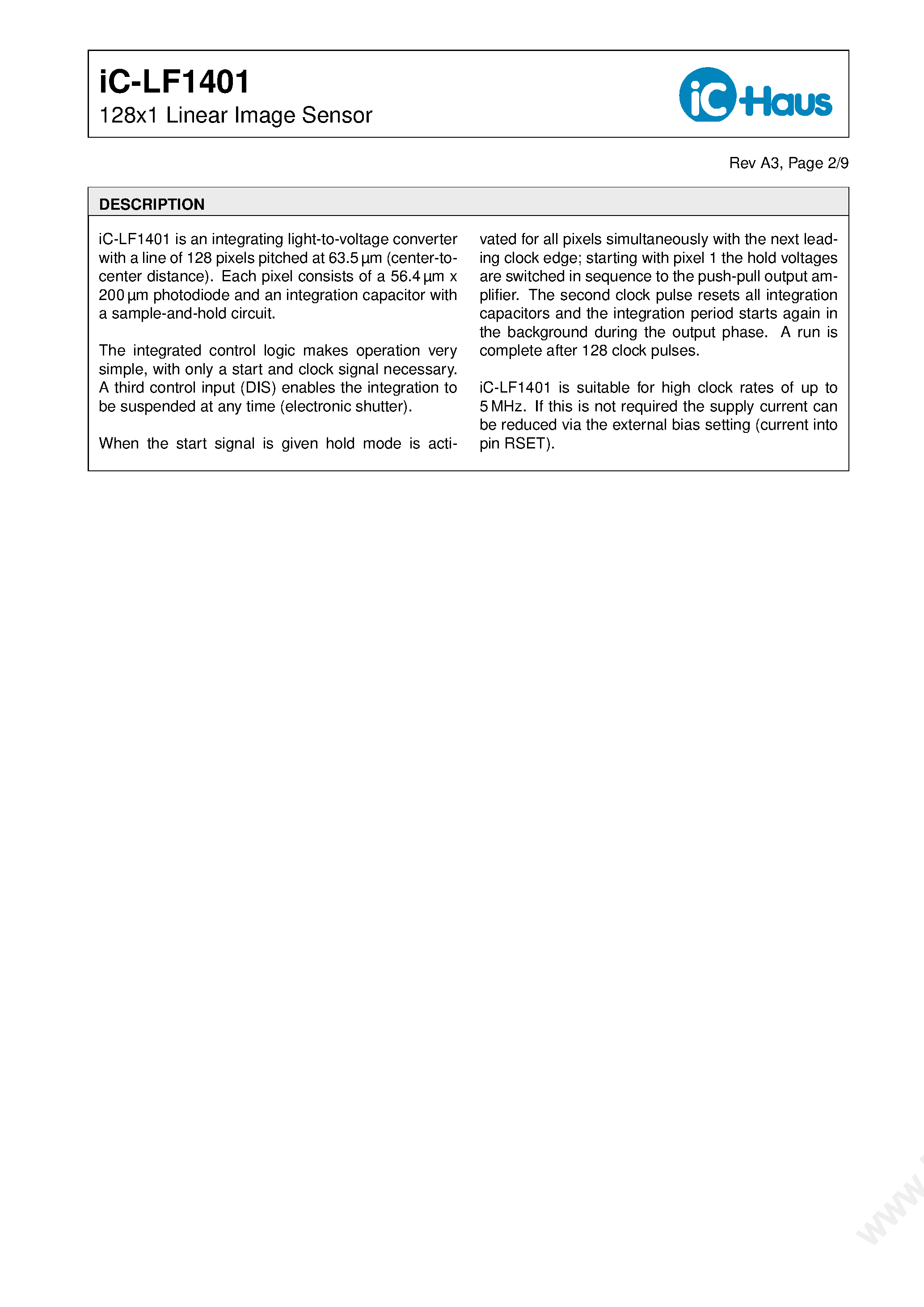 Datasheet LF1401 - 128 x 1 Linear Image Sensor page 2